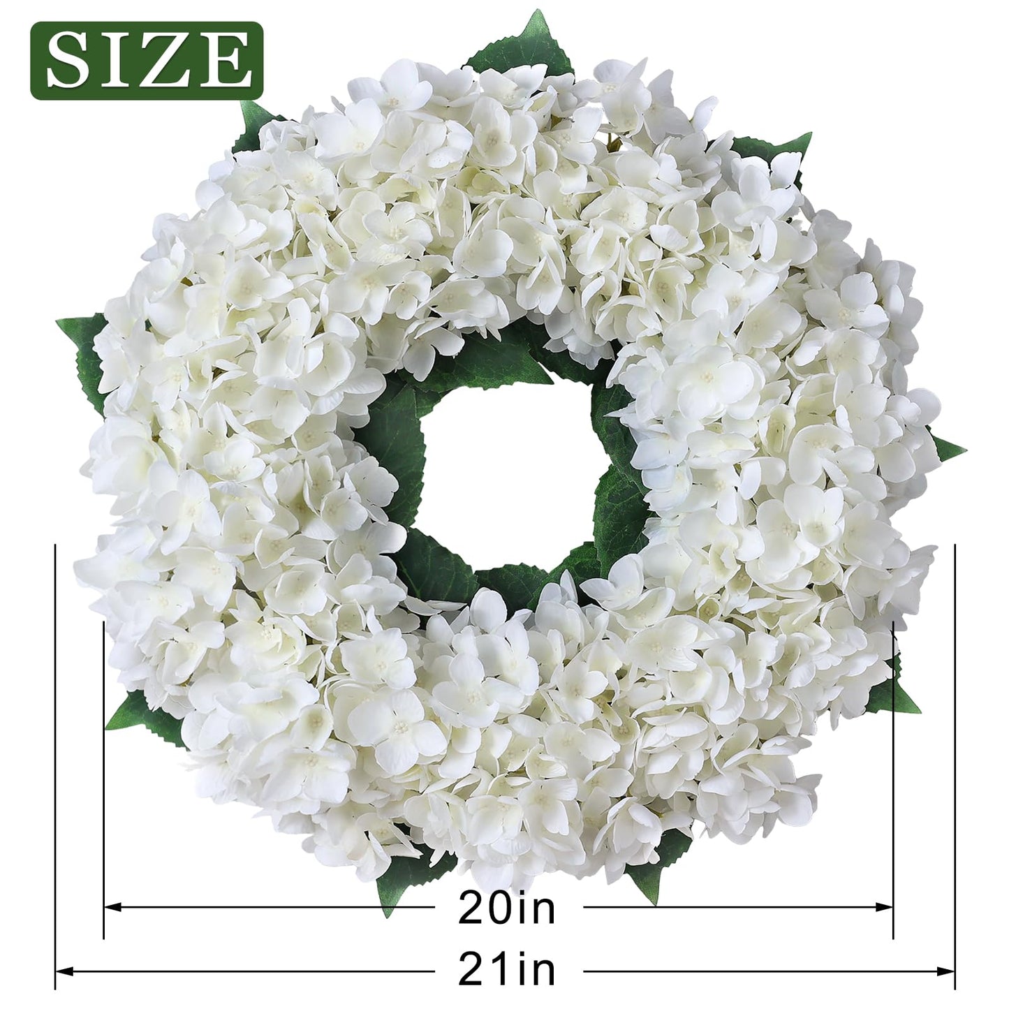 Artificial Hydrangea Wreath for Front Door, 21" Spring Summer White Flower Wreath, Fuax Hydrangeas Leaves for Home Mantel Wall Farmhouse Decor