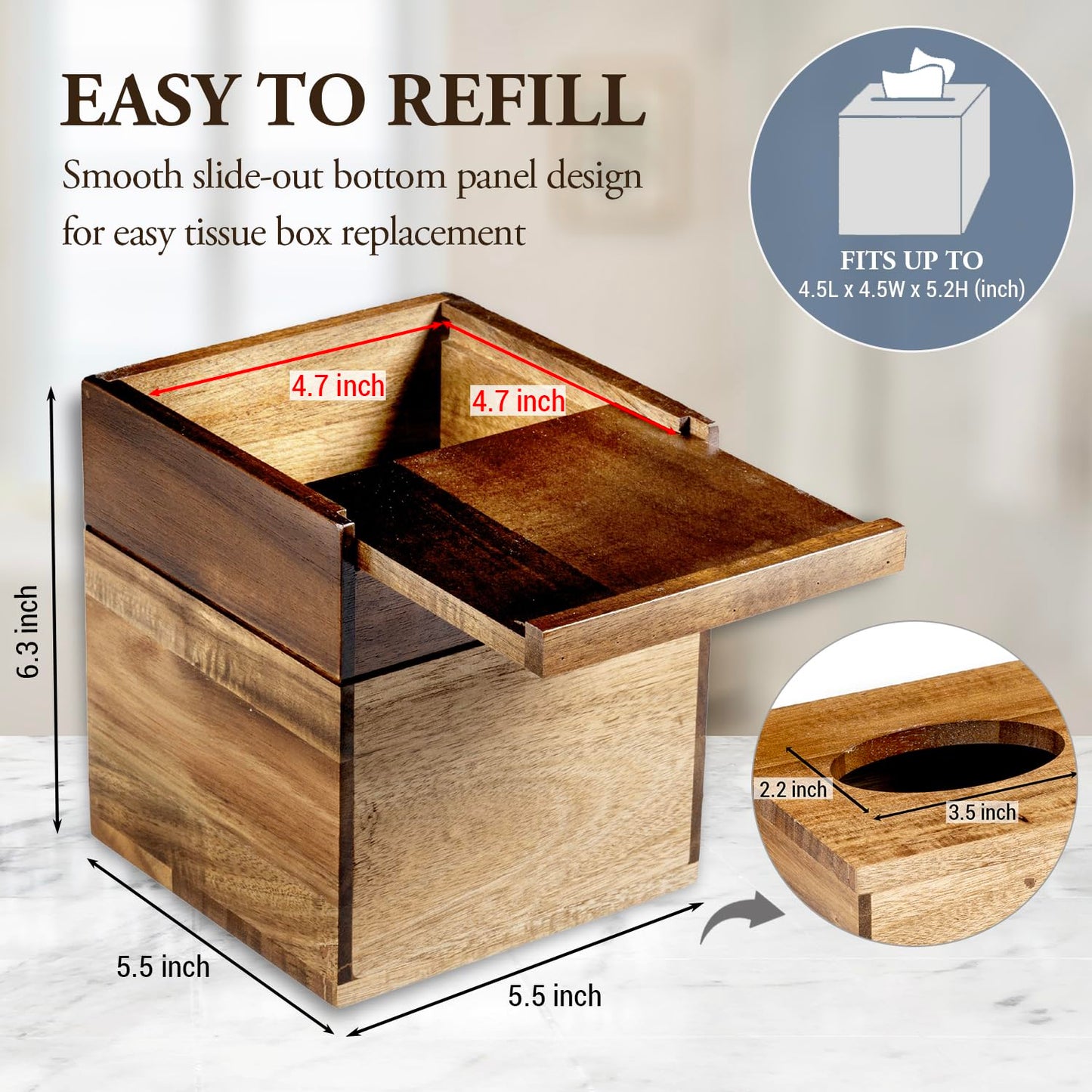 MyGift Premium Dual Tone Solid Acacia Wood Square Bathroom Facial Tissue Box Dispenser Holder Cover with Slide-Out Bottom Panel, 5.5 x 5.5 x 6.3 Inches