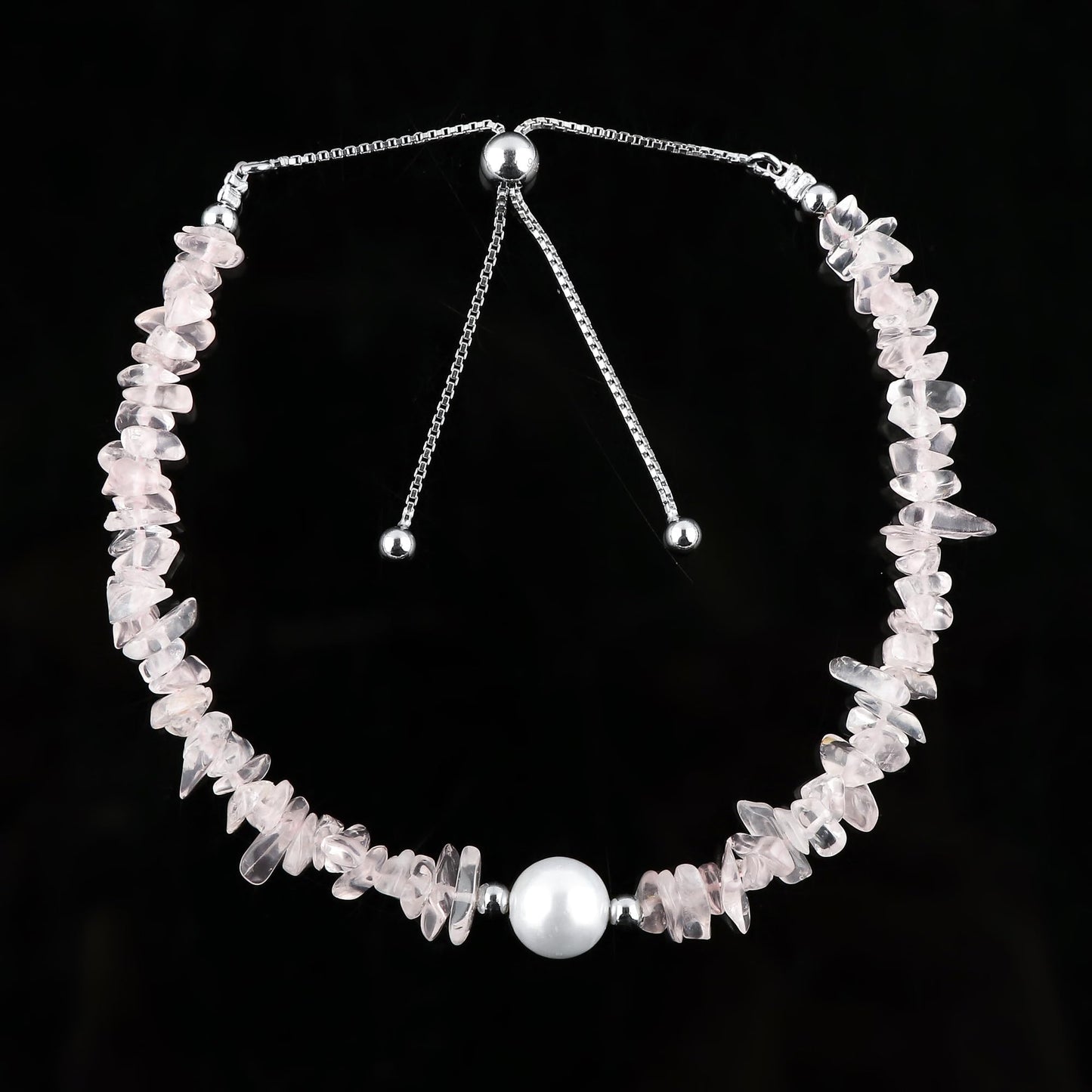 CRYSTALIS Natural Rose Quartz Beads Slider Bolo Bracelet with Elegant Pearl, High Grade Nuggets Crystal, Chakra Healing Gemstone, Gift Giving Women Jewelry, 925 Sterling Silver Slider 10 inch