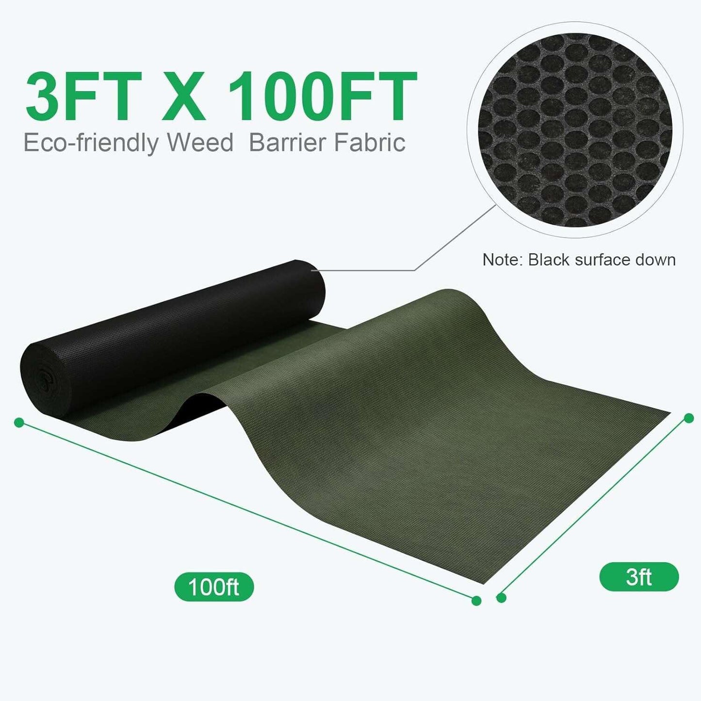 EnonGarden 3x100ft Weed Barrier Fabric & Landscape Fabric,Green Black Heavy-Duty Non-Woven Ground Cover, Easy Setup Weed Control Mat for Garden, Yard, Farm, Orchard, Fruit Trees