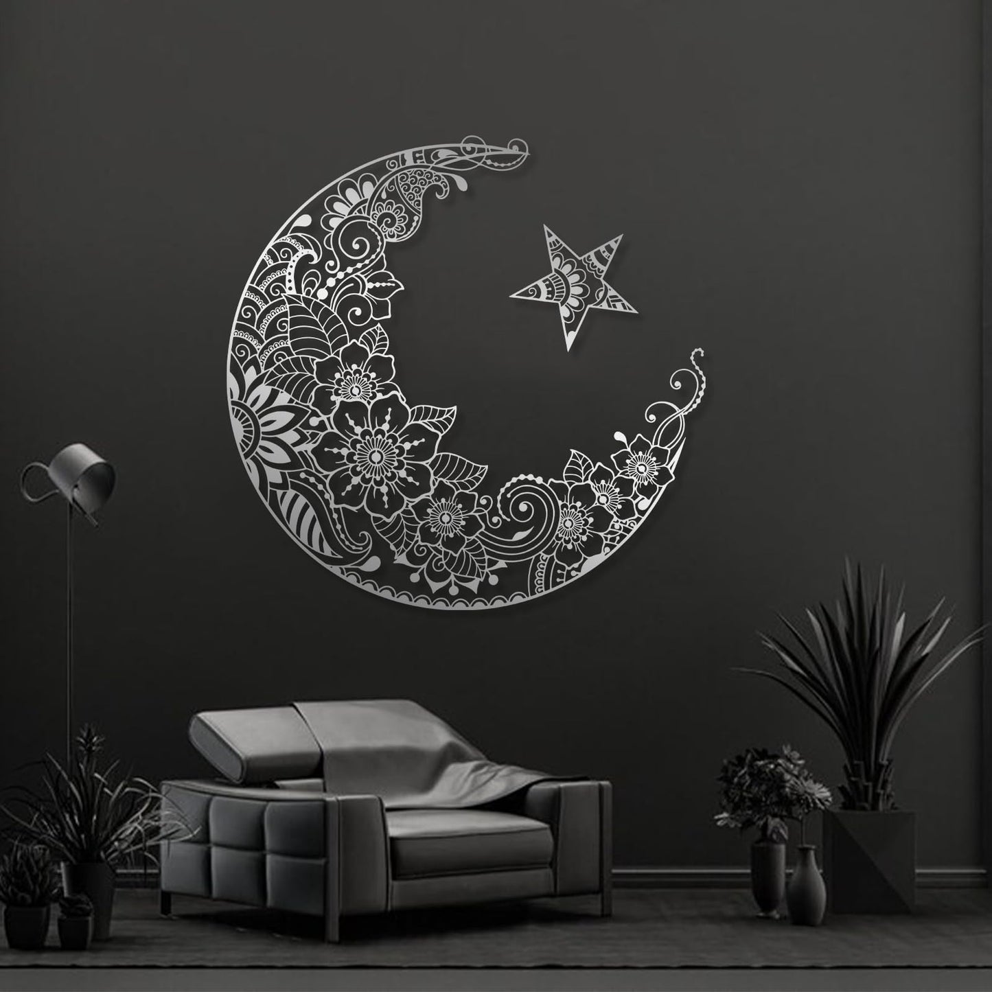 Mandala Moon Metal Wall Art, and Stars Decor, Lotus Flowers, Modern Home, Boho for Bedroom