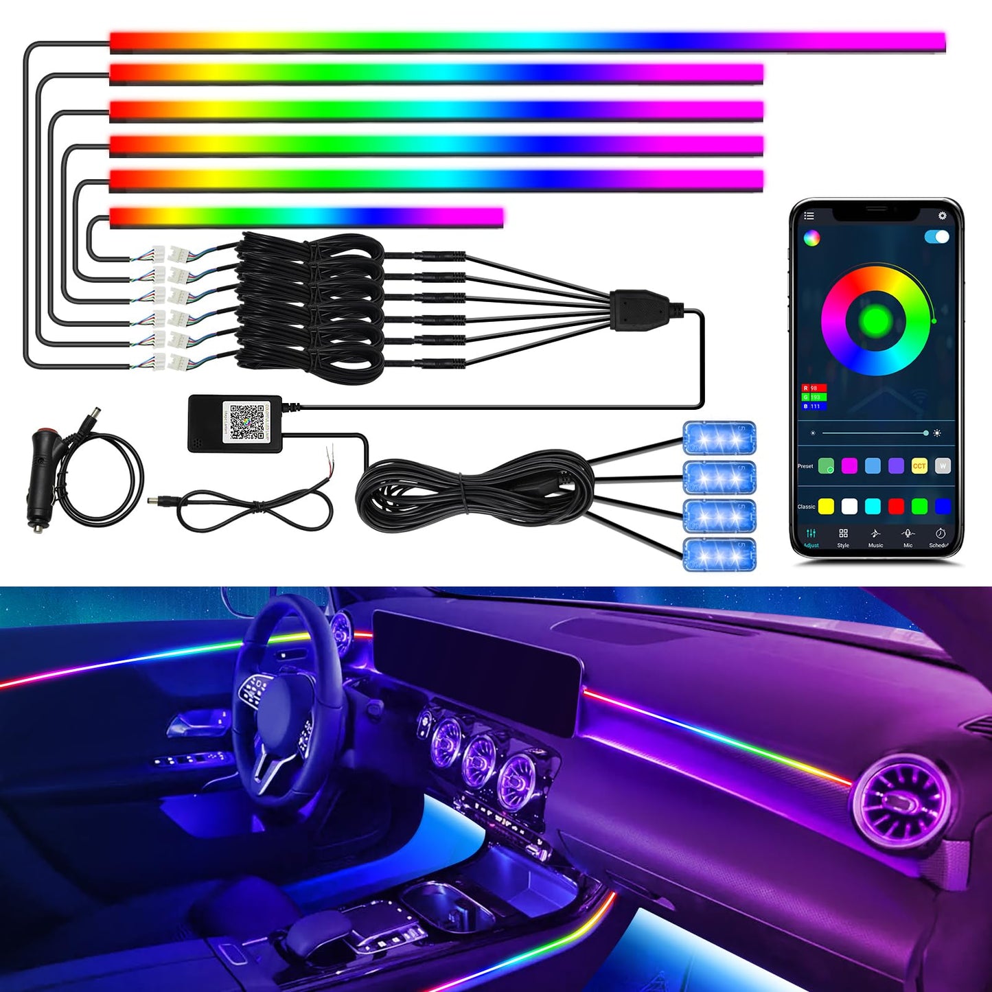 Dreamcolor Acrylic Interior Car Light 10 in 1 Automotive Ambient Light Kits with APP Control 16 Million Color 175 inches Fiber Optic Car LED Strip Light, RGB Music Sync Neon Light Kits