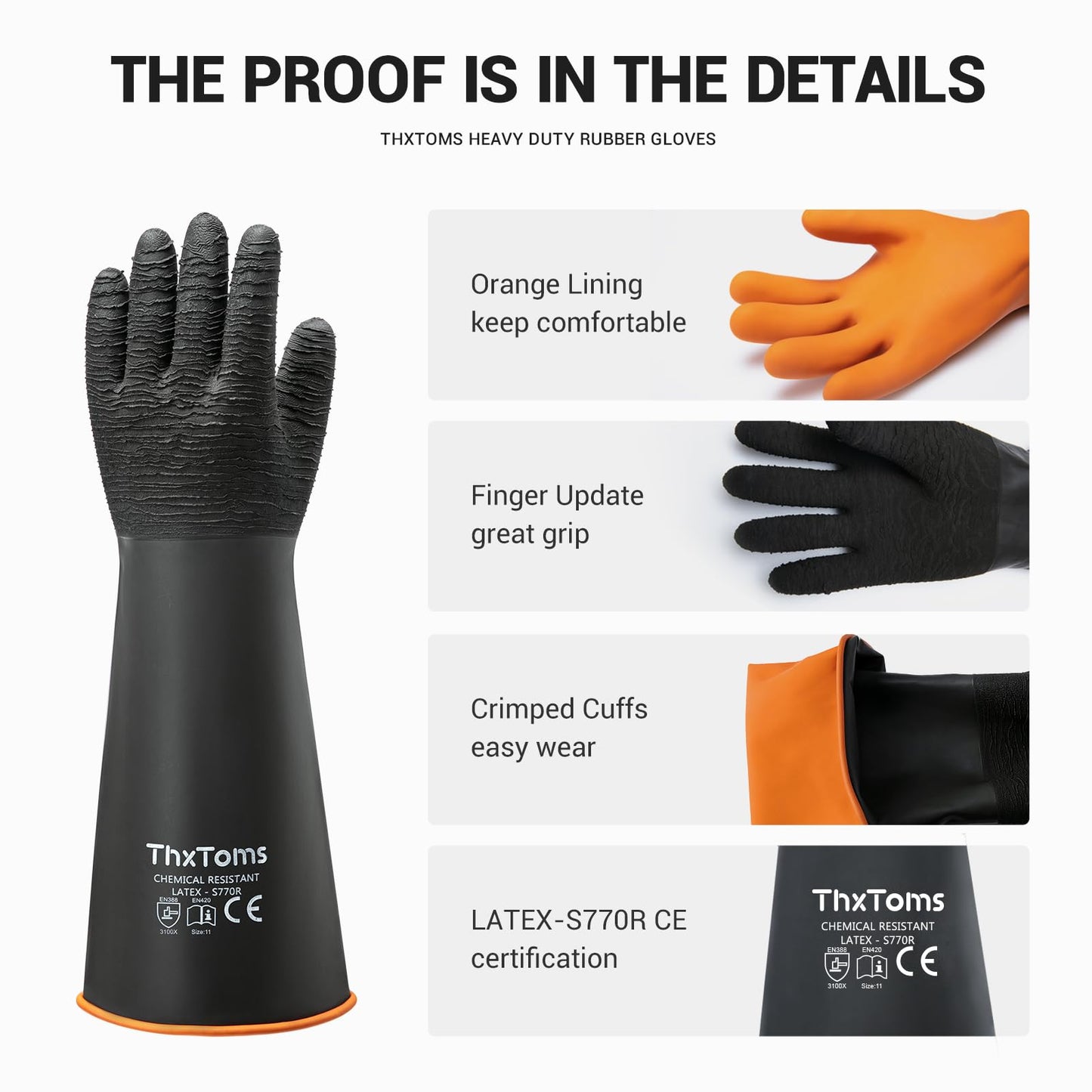 ThxToms Heavy Duty Rubber Gloves, Industrial Chemical Resistant Gloves Waterproof Reusable Protective Work Gloves for Cleaning, Dishwashing,Upgraded with Non-Slip Design, Black, 18" 1 Pair
