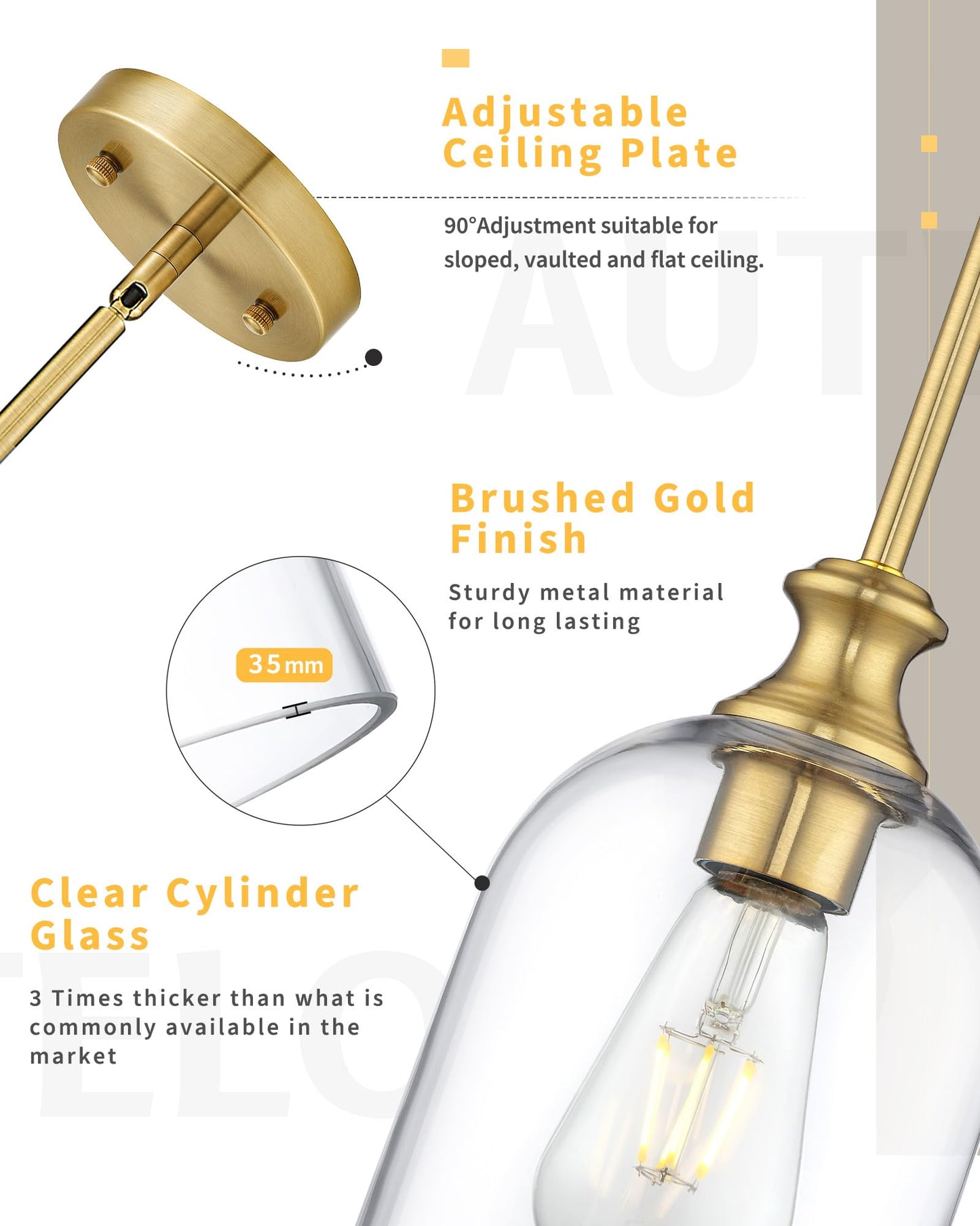 Autelo Gold Pendant Lights, 1-Light Pendant Lights Kitchen Island in Brushed Gold Finish with Clear Cylinder Glass, Vintage Pendant Light Fixtures, Vintage Hanging Lights for Kitchen Island H2511 CLBG