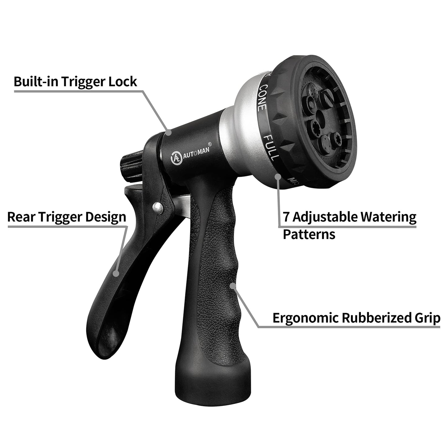 AUTOMAN-Garden-Hose-Nozzle, ABS Water Spray Nozzle, 7 Adjustable Watering Patterns, Slip Resistant for Watering Plants, Lawn& Garden, Washing Cars, Cleaning, Showering Pets & Outdoor Fun.Silver Color