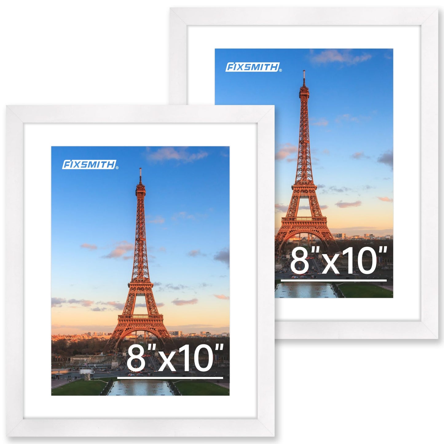 FIXSMITH 8x10 Picture Frame Set of 2, Photo Frame with HD Plexiglass, Display Pictures 5x7 with Mat or 8x10 Without Mat, White Picture Frames Collage for Tabletop or Wall Display