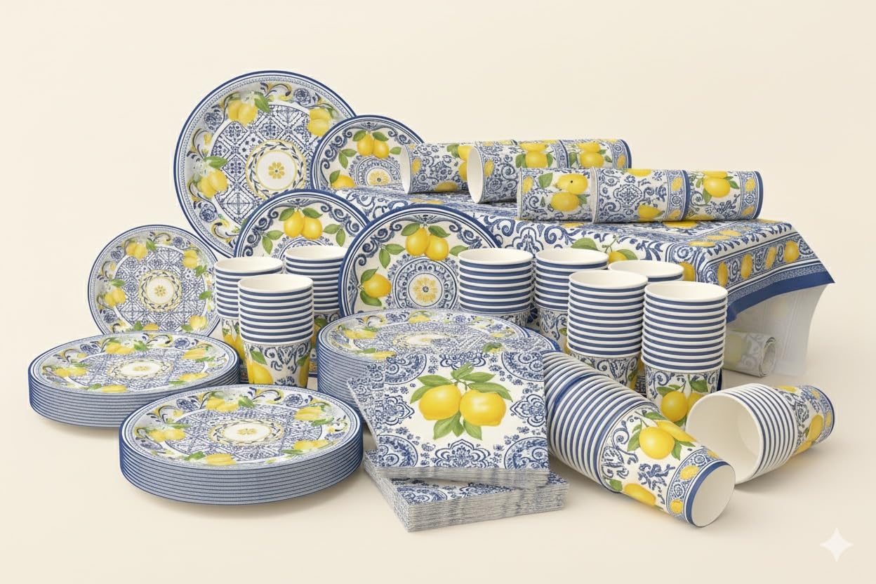 Elegant Disposable Tableware Set | 81 Pcs | Serves 20 Guests l 20 Extra Thick Paper Party Plates + 20 Cups + 20 Napkins + 1 Large Tablecloth | Perfect for Events, Baby Showers, Weddings & Picnics.