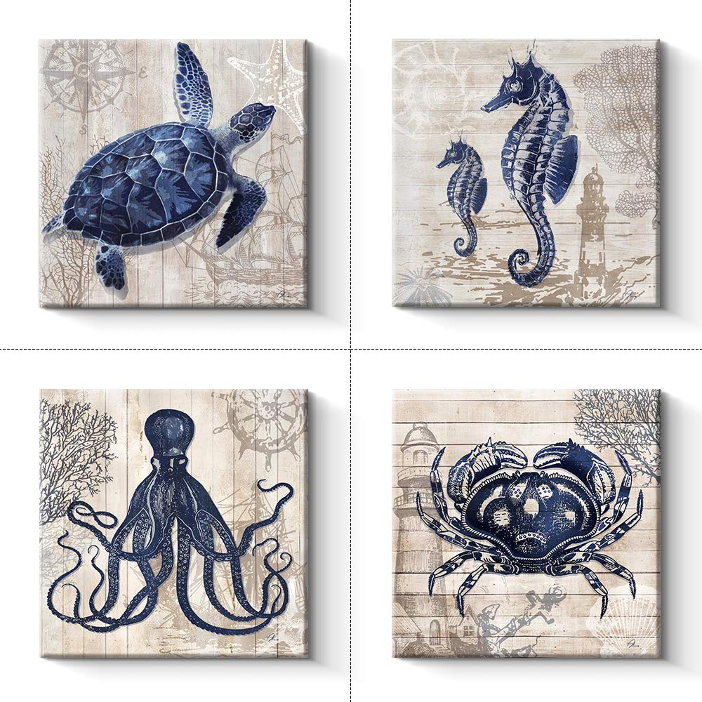 Bathroom Decor 4 panel Canvas Wall Art - Ocean Theme Canvas Prints Sea Animal Octopus Crab SeaTurtle Seahorse Decor Pictures Livingroom Posters - 12 x 12" x 4 pcs (12" x 12" x 4pcs)