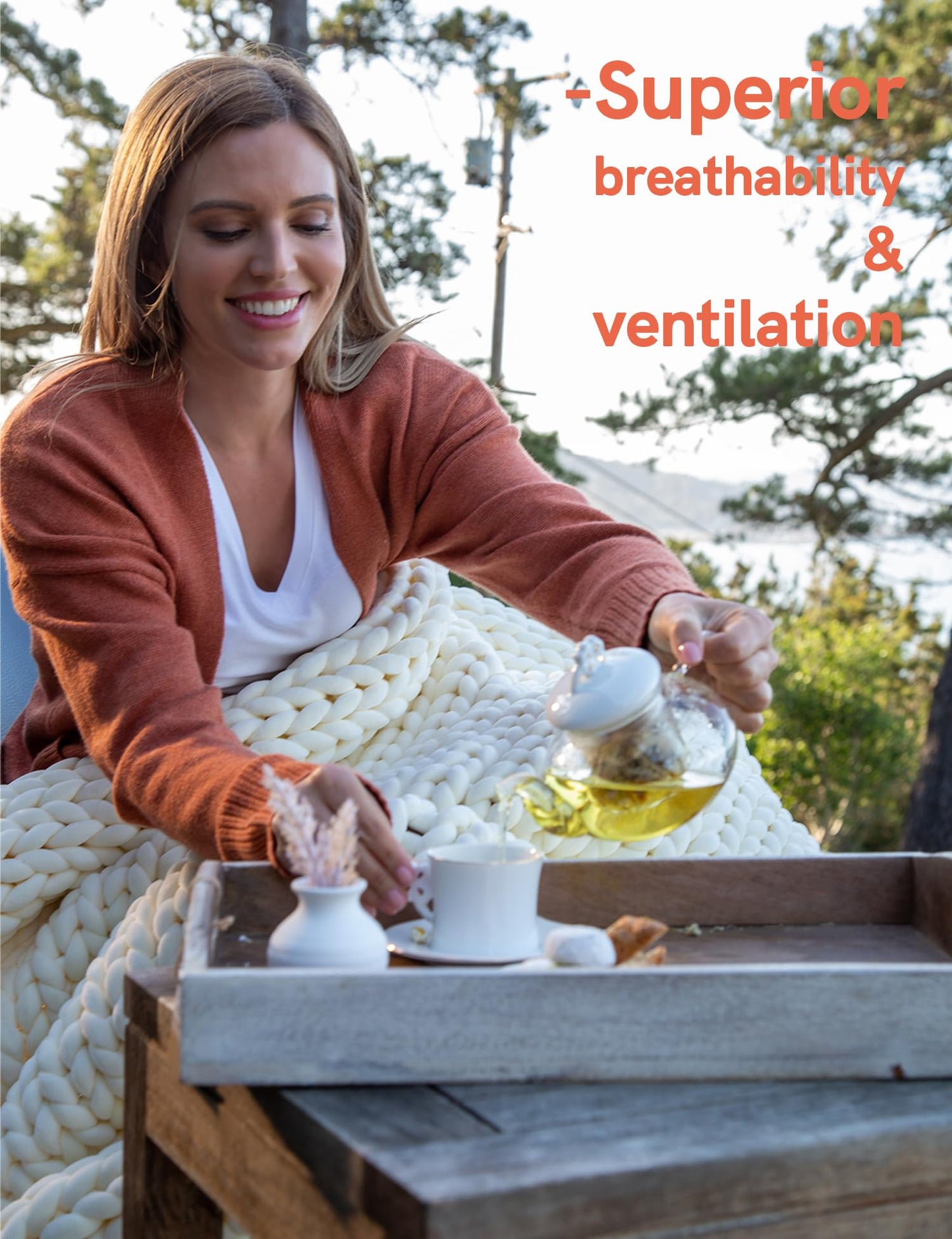 YnM Cotton Weighted Blanket, Handmade Chunky Knitted Design, Soft and Cozy, Temperature Regulating and Breathable, Machine Washable Throw for Sleep or Home Decor (Cream White, 60x80 Inch, 25lbs)