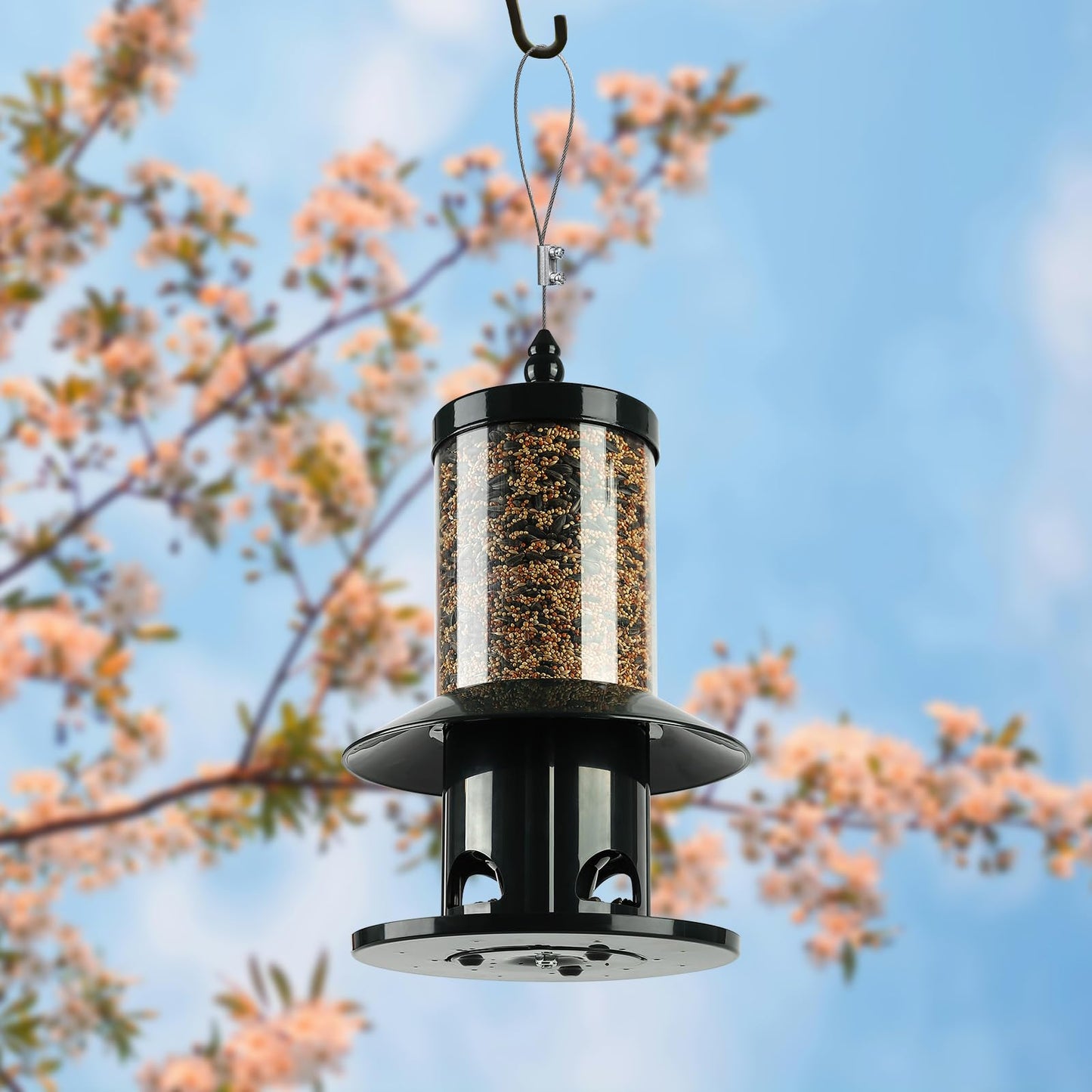 Squirrel Proof Bird Feeder - 360° Feeding Perch Tray for Outdoor Hanging Wild Bird Seeds, Dark Green.
