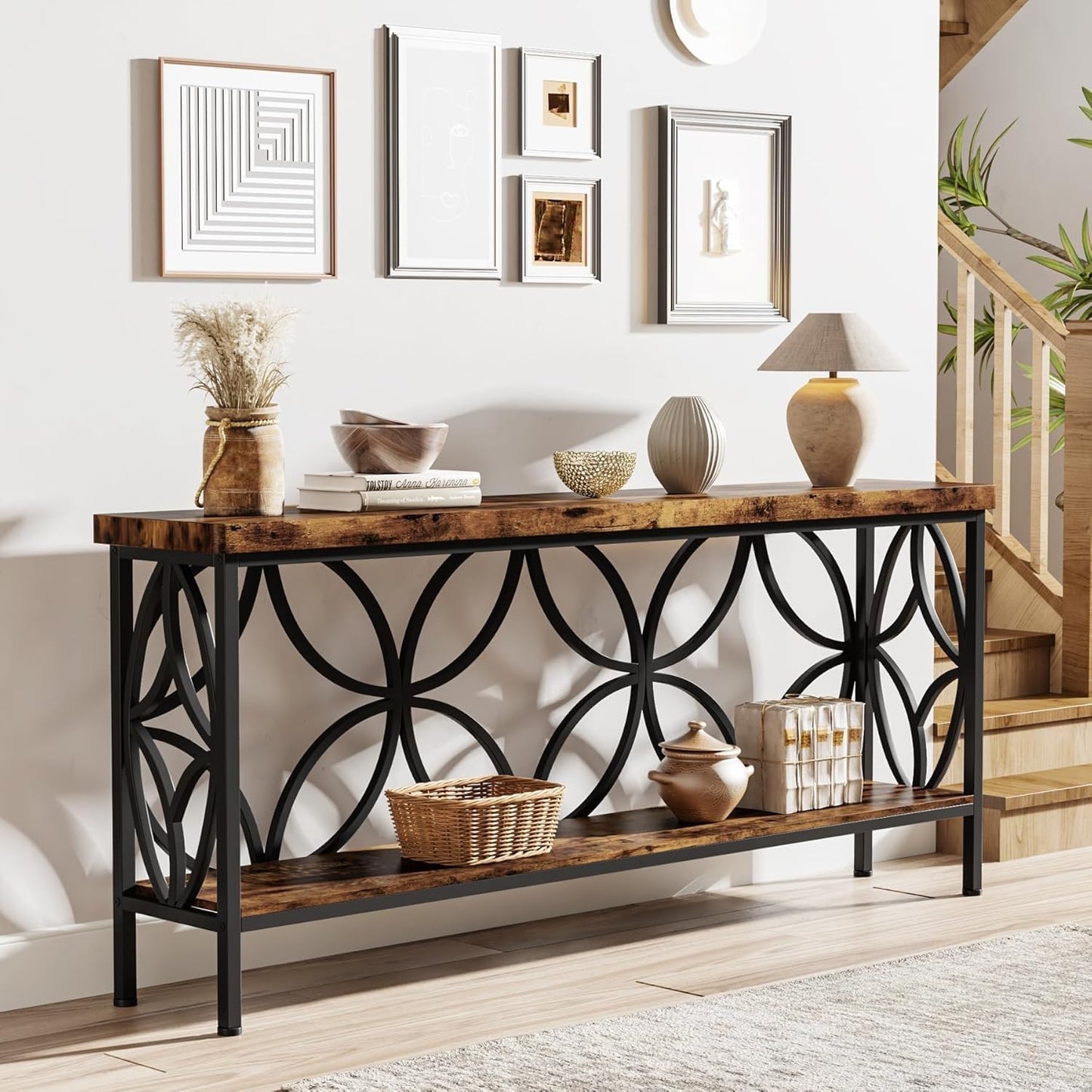 LITTLE TREE Sofa Table, 70.9 Inch Industrial Behind Couch Table with Storage Shelves, Narrow Long Console Table for Entryway, Living Room, Foyer, Hallway, Office
