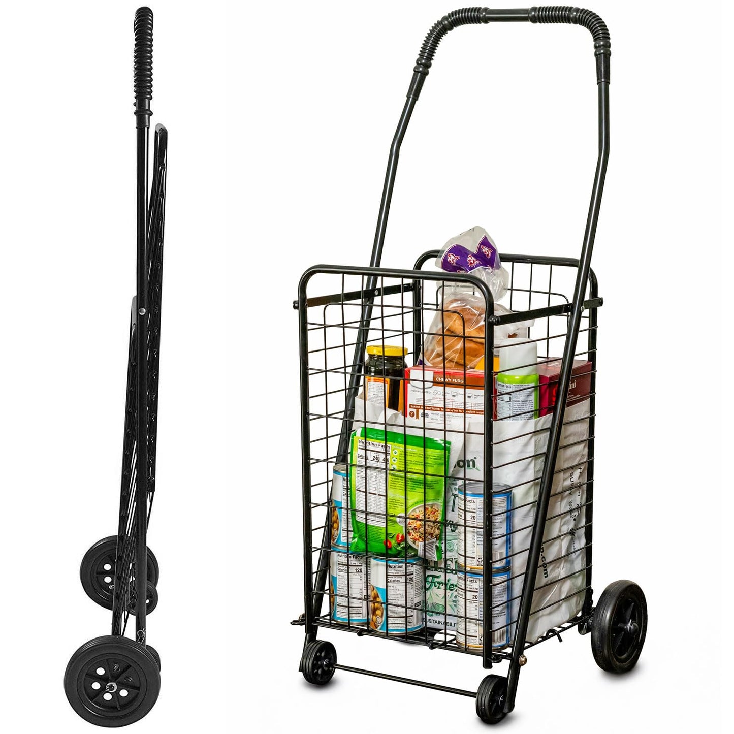 DMI Utility Cart with Wheels to be used for Shopping, Grocery, Laundry and Stair Climber Cart, Weighs 7.5 Pounds but holds up to 90 Pounds, Compact and Foldable, Black