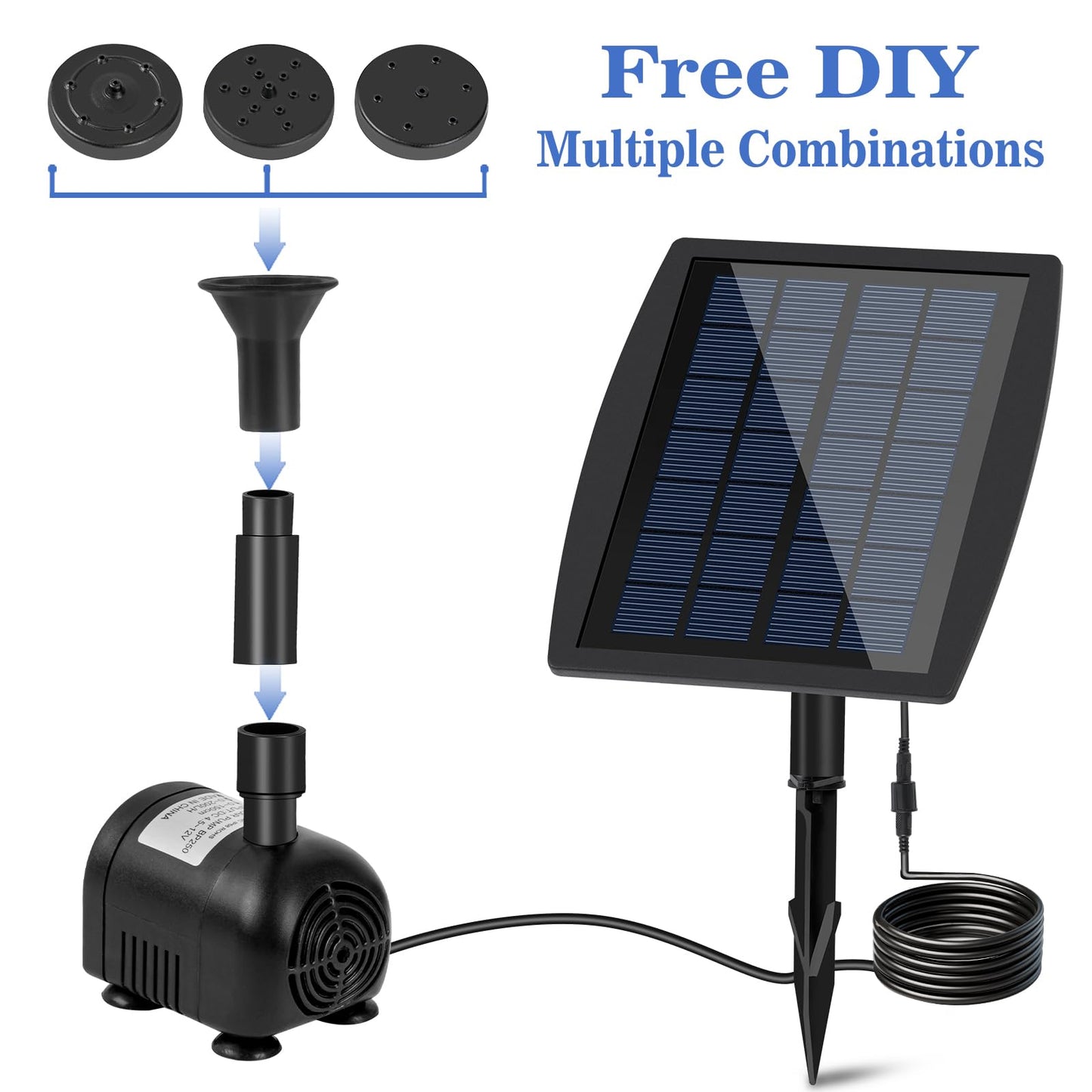 FYDGTPI 2.5W Solar Water Pump with 3 Spray Nozzles, 3.94FT Tubing, 9.85FT Power Cable, DIY Solar Water Fountain for Garden, Yard, Water Feature
