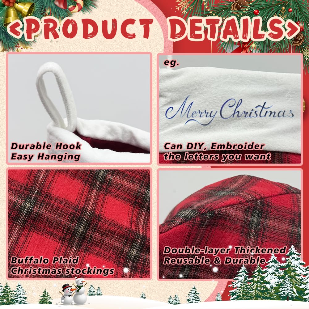 aokansha 4 Pack Buffalo Plaid Christmas Stockings 20'' Large Xmas Stocking with Plush Cuff Hanging Stocking Decoration for Holiday Home Wall Fireplace Christmas Tree Decor Kids Gift Ornaments Décor