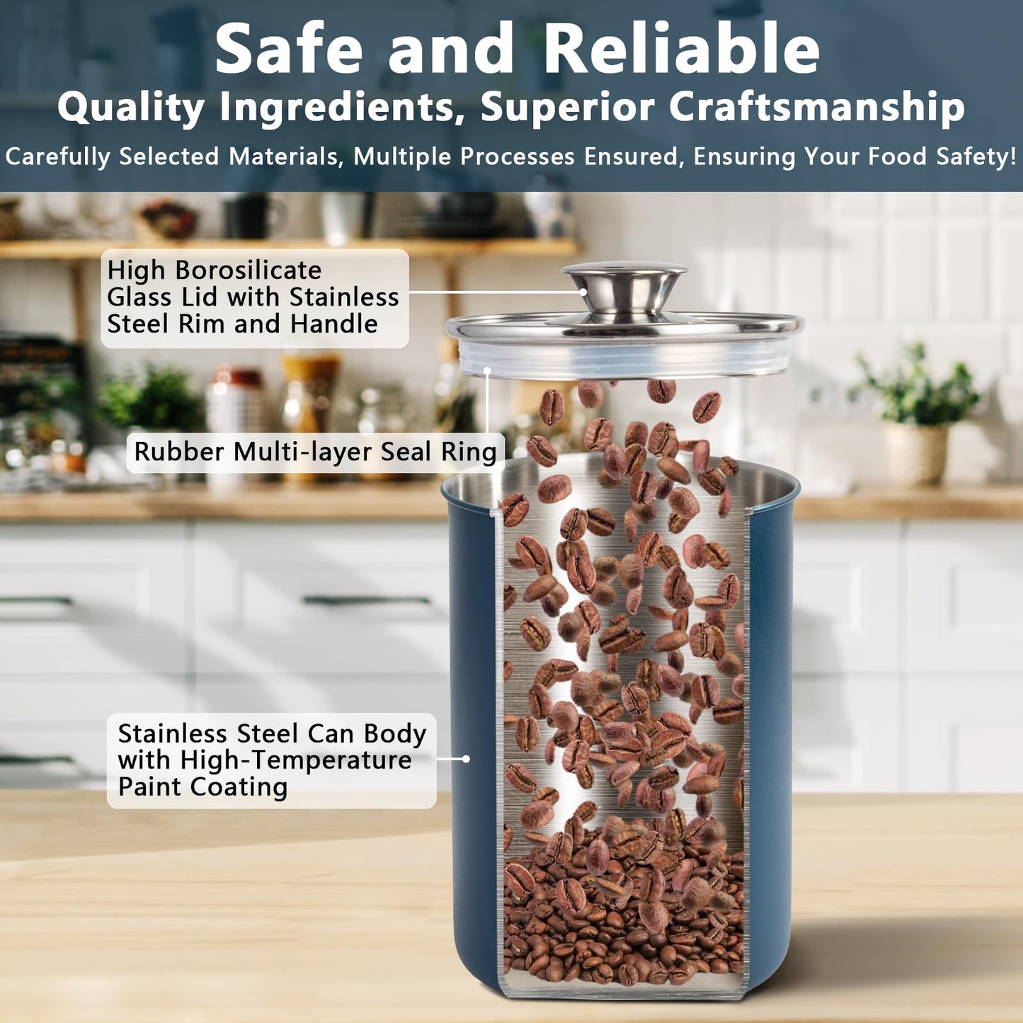 malmo Stainless Steel Food Canister Set of 4-Piece, 16/49/85/132 Ounces,Airtight Containers with Glass Lid for Tea,Coffee,Sugar,Flour,Pantry Kitchen Storage Storeroom Counter (Blue)