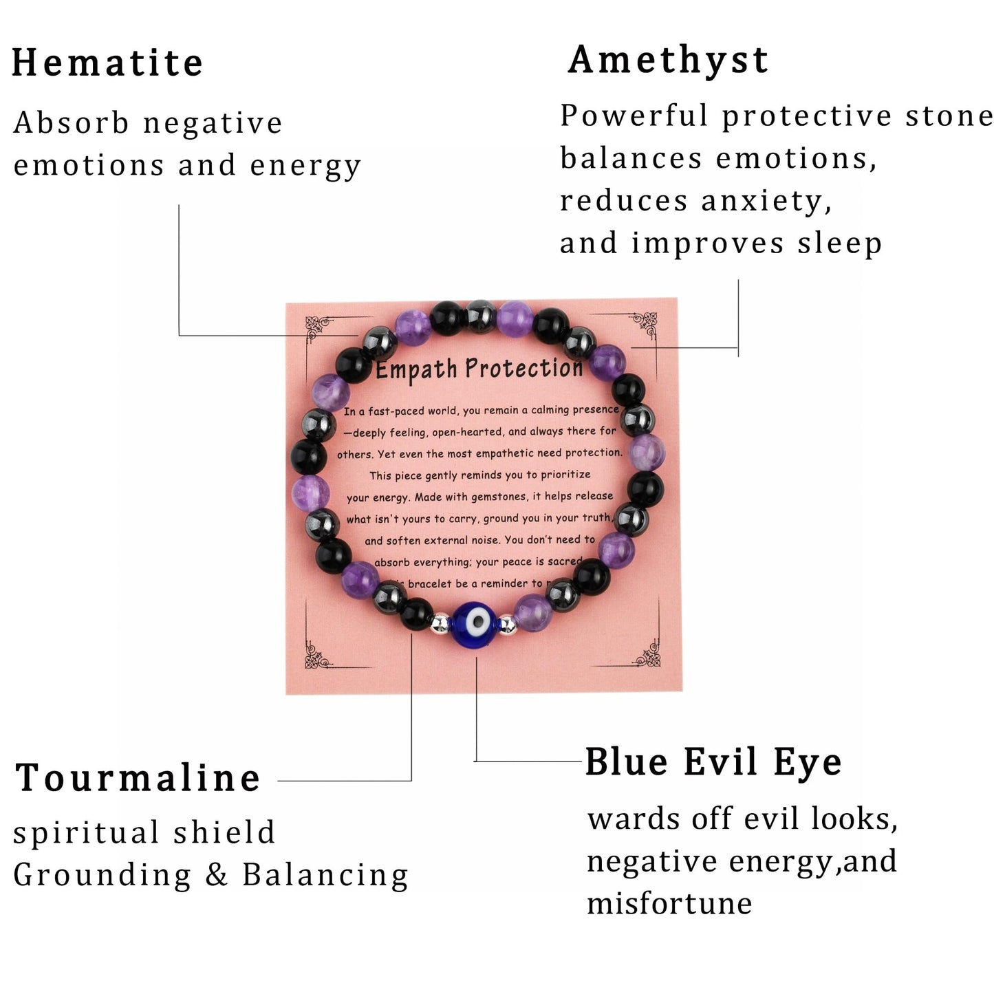 DLYFNVEV Empath Protection Bracelet Amethyst Black Tourmaline Hematite Triple Healing Anxiety Relief Crystal For Women Evil Eye Beaded Natural Stone Jewelry Gifts