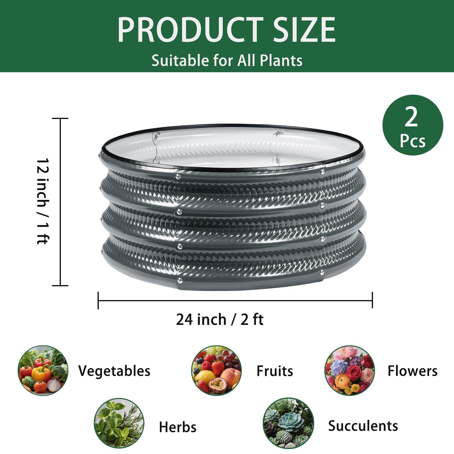 Gartist 2 Pcs 2x2X1 FT Round Galvanized Raised Garden Bed Kit, Black Outdoor Planter Garden Bed, Metal Raised Box for Vegetables, Fruits, Flowers & Herbs