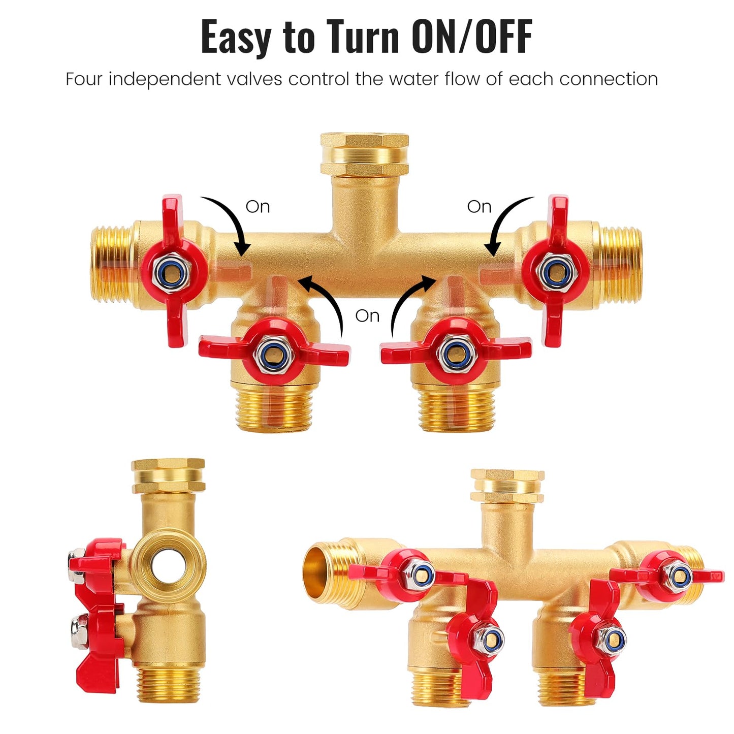 FINEST+ 4 Way Brass Hose Splitter, Solid Brass High Volume 4 Way Hose Splitter Valve with Metal Handle, Hose Connector 3/4", Hose Spigot Adapter 4 Valves with 4 Extra Rubber Washers