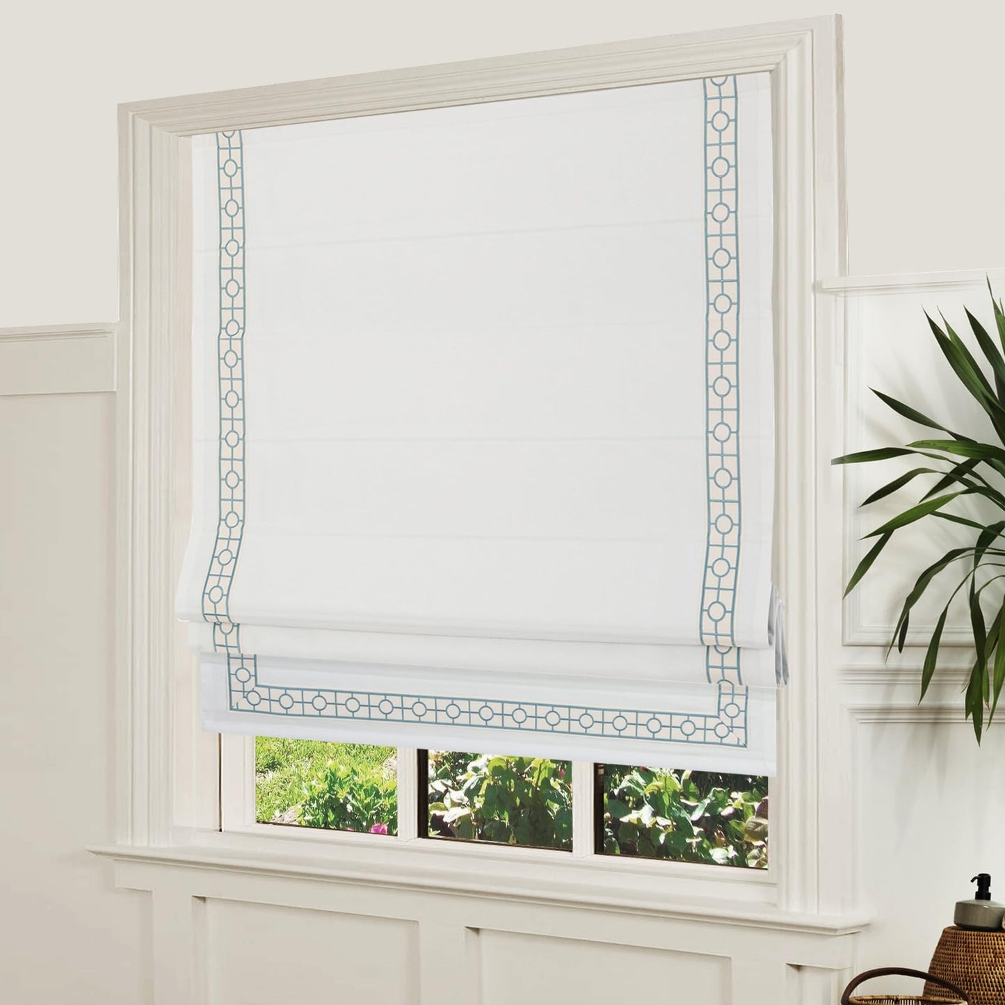 Cordless Roman Shades, Blackout Roman Shades, White Embroidered Blue Border Window Shades for Windows, Doors, Kitchen Windows
