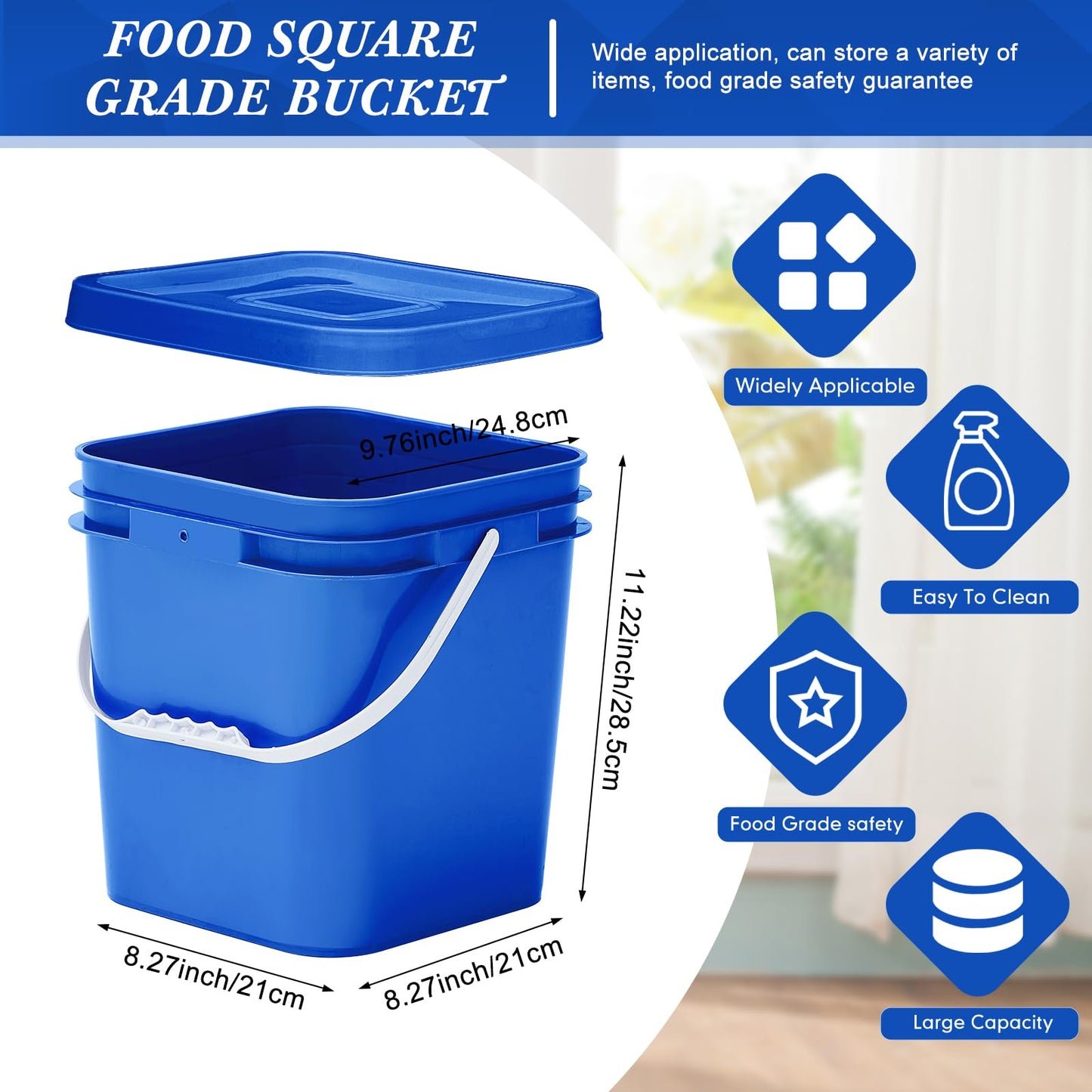 Mumufy 5 Pcs 3.5 Gallon Square Food Grade Bucket with Lid Square Bucket Pail Plastic Handles for Long Term Food Storage, Camping, Fishing, Home Organization Easy Stack and Store (Blue)