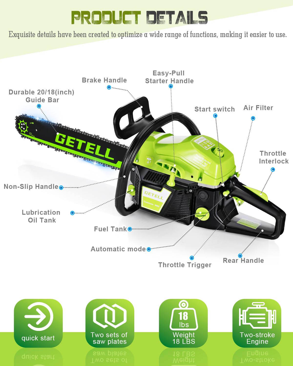 Snoonwee Gas Powered Chainsaw with 20 and 18 Inch Bar Dual System, 58cc 3.6 HP Professional 2-Stroke Engine, Easy Start and Anti-Vibration for Farm Ranch or Heavy Duty Wood Cutting (Green Black)