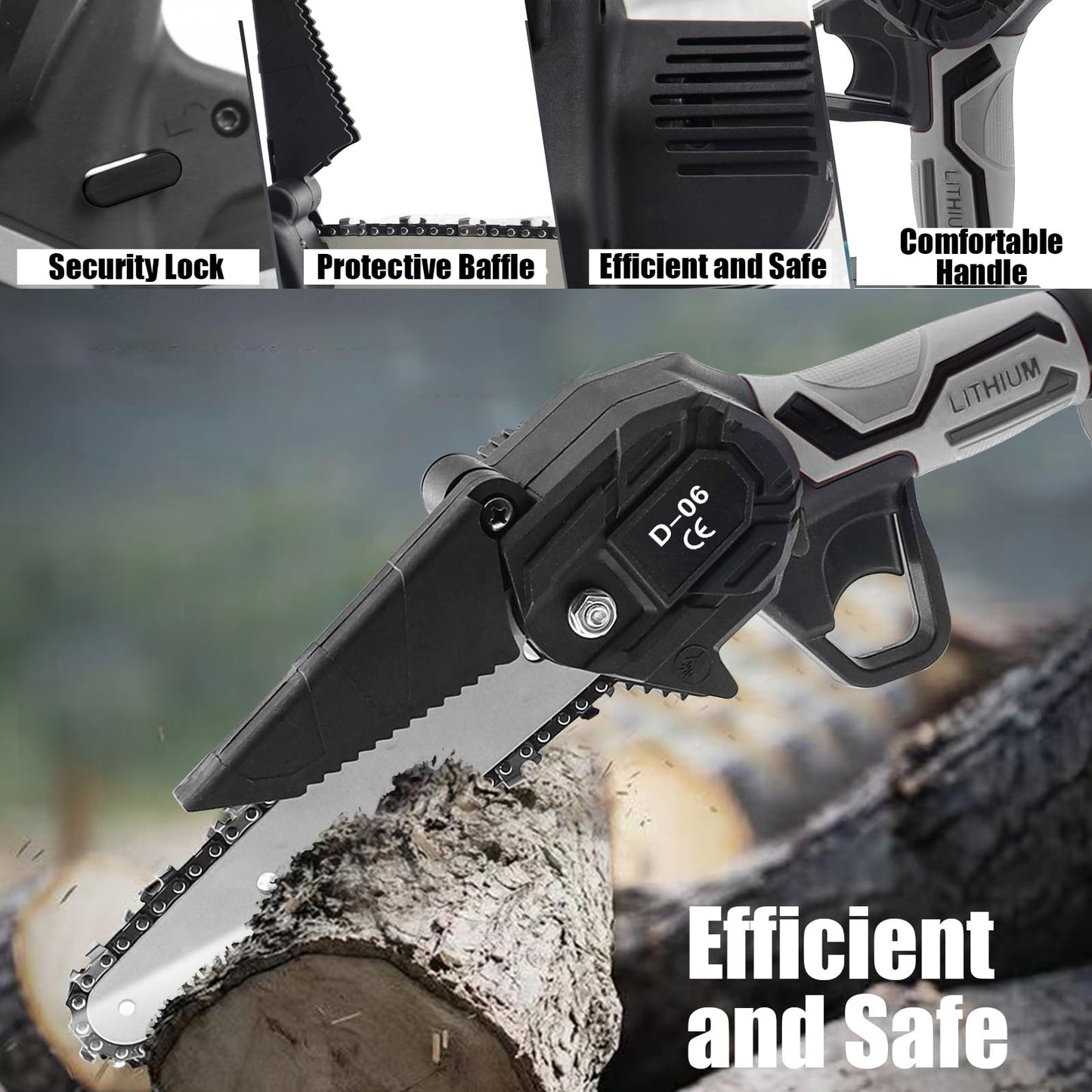 6 Inch Mini Chainsaw, Cordless Electric Chainsaw with 2 Battery, Handheld Mini Chain saw with Security Lock for Wood Cutting Tree Trimming Gardening, Black