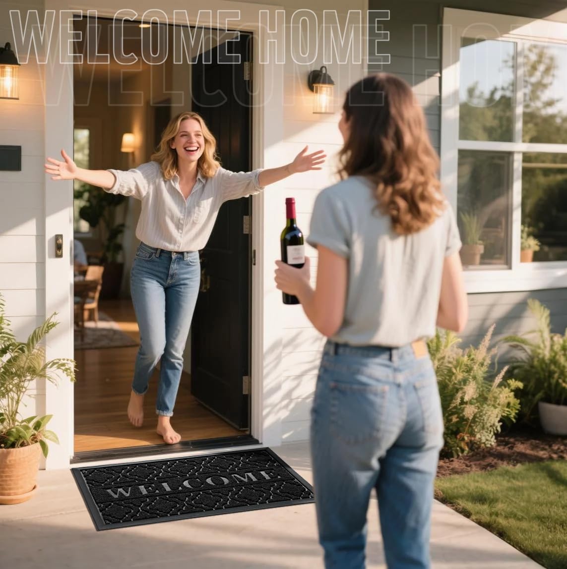 Yimobra Welcome Mat Outdoor Indoor, All-Weather Waterproof Front Door Mat Outside Entrance, Non-Slip Low Profile Porch Patio Doormat, 29.5x17, Black