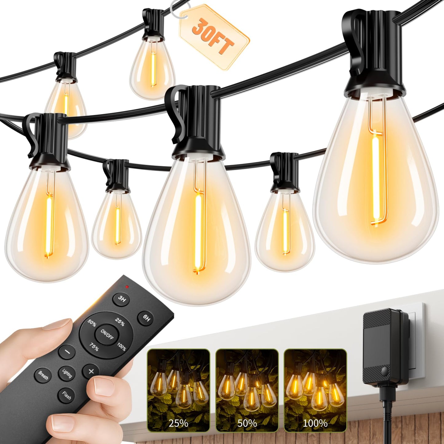 Sikitul 30FT LED Outdoor String Lights with Remote, One Continuous Strand Patio Lights with 10+1 Shatterproof S11 Bulbs, Dimmable 2200K Warm White, Timer & 3 Modes, Low Voltage for Backyard Garden