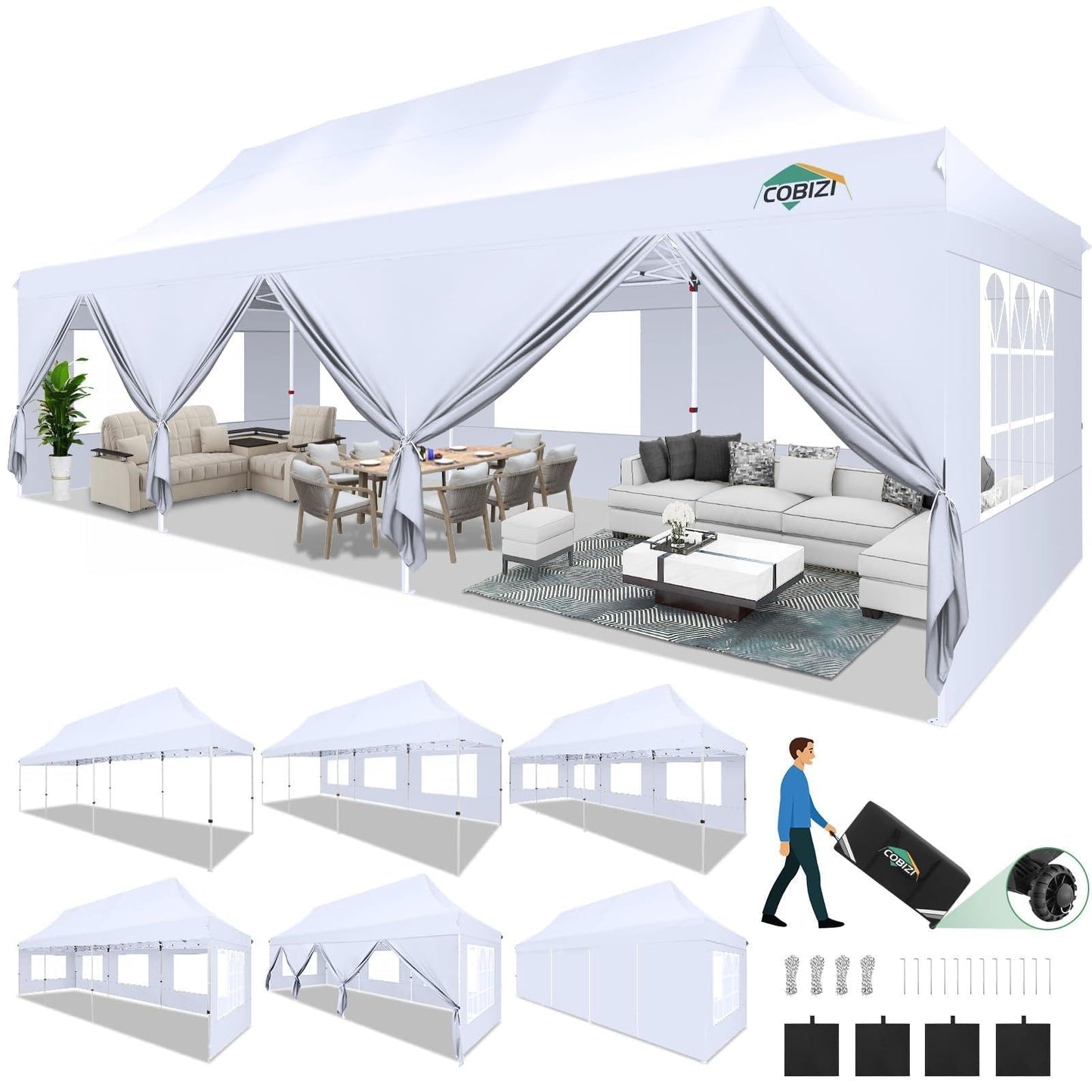 COBIZI Canopy Tent 10x30 Pop Up Canopy with 8 Removable Sidewalls Party Tents for Parties Wedding Patio Commercial Waterproof and UV50+ Ez Outdoor Instant Gazebo with Roller Bag & 4 Sandbags（White）