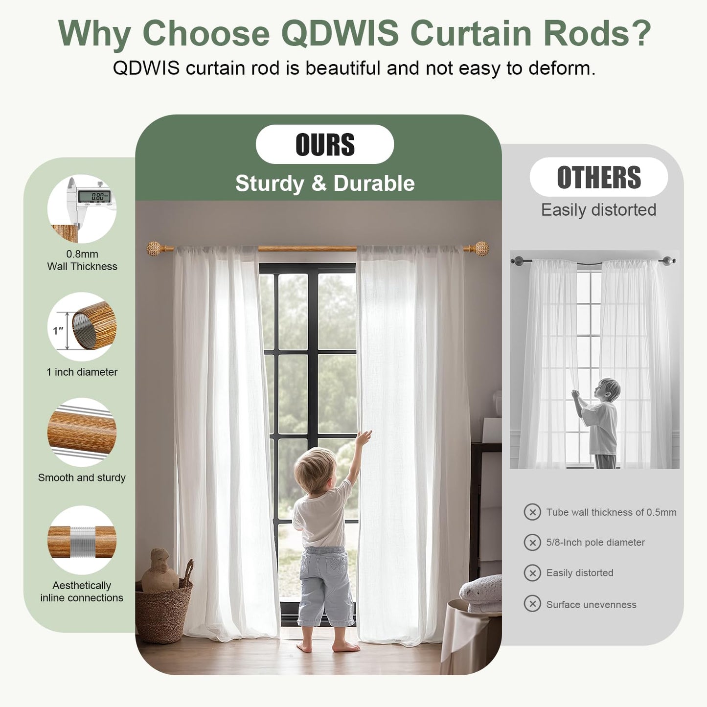 QDWIS Wood Curtain Rods for Windows 48 to 84 Inch,1'' Diameter Drapery Rods with Imitation Wood Grain Leaf Pattern Finials,Boho Adjustable Heavy Duty Curtain Rods Set,36-88'',Color:Natural Wood