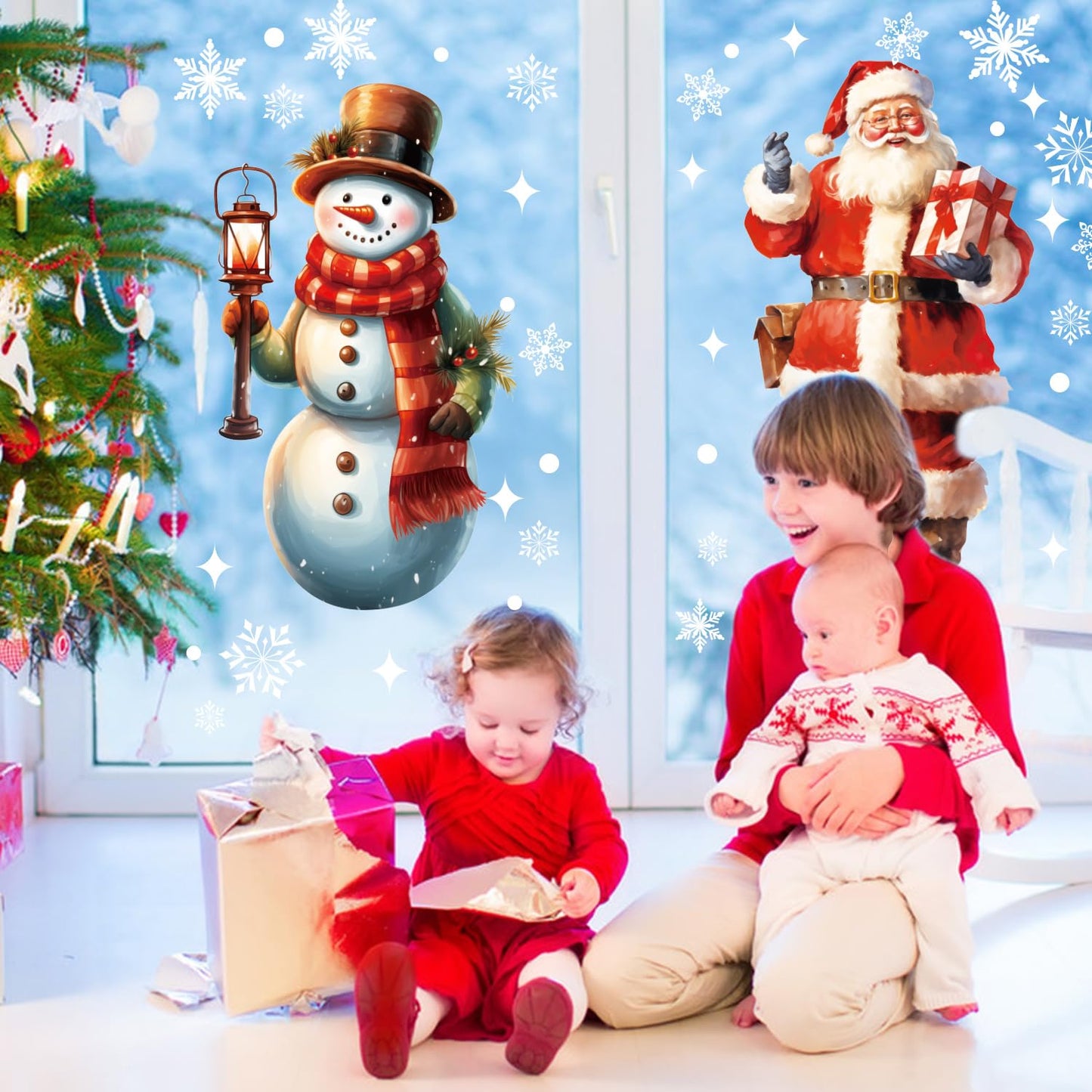 LOKIPA Large Christmas Window Clings, 2 Sheets Extra Large Santa Claus Snowman Window Clings Stickers with Snowflakes for Christmas Decorations