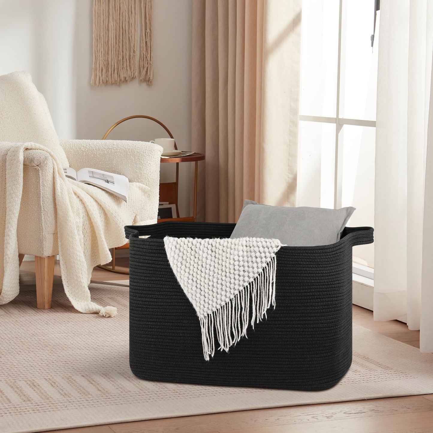 OIASKET 118L Extra Large Blanket Basket, 24.8"x17.7"x16.2" Woven Rope Baskets for Storage, Nursery Blanket Storage for Living Room, Toy Basket with Handle Organizing Comforter Cushions Pillows, Black