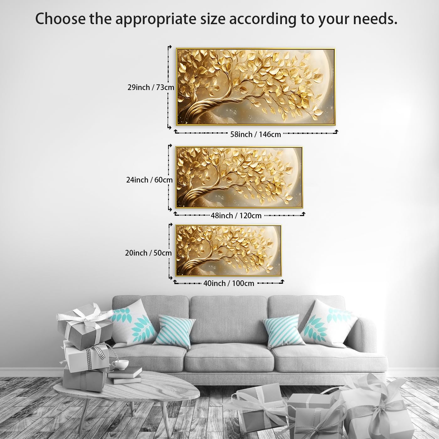 BirdSuite Gold Framed Golden Leaf Money Tree Wall Art, Luxury 3D Effect Canvas Print, Ready to Hang Wall Decor for Living Room Bedroom Office Dining Room Entryway, 48x24 Inch