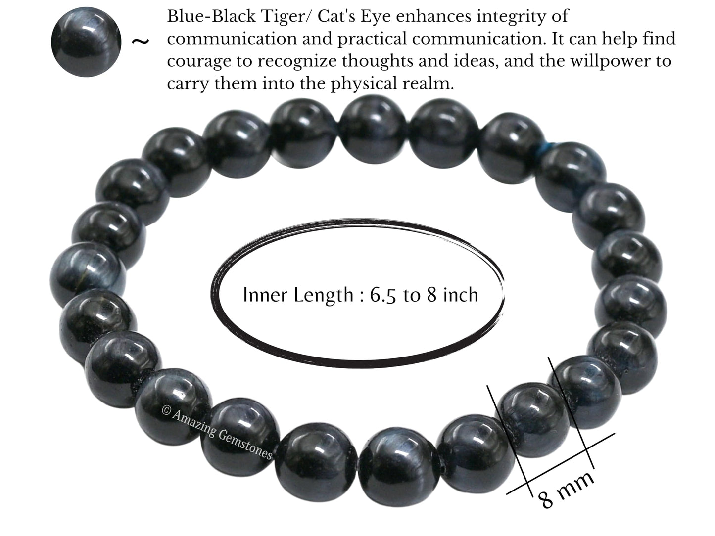 Amazing Gemstone Crystal Bracelet for Women Men's Gifts - Protection Healing Crystal Bracelet - 8mm Gemstone Beaded Stretchable Bracelet Pulseras Para Hombres Mujer Stocking Stuffers Mothers Day Gift (Tiger Eye (Blue & Black))