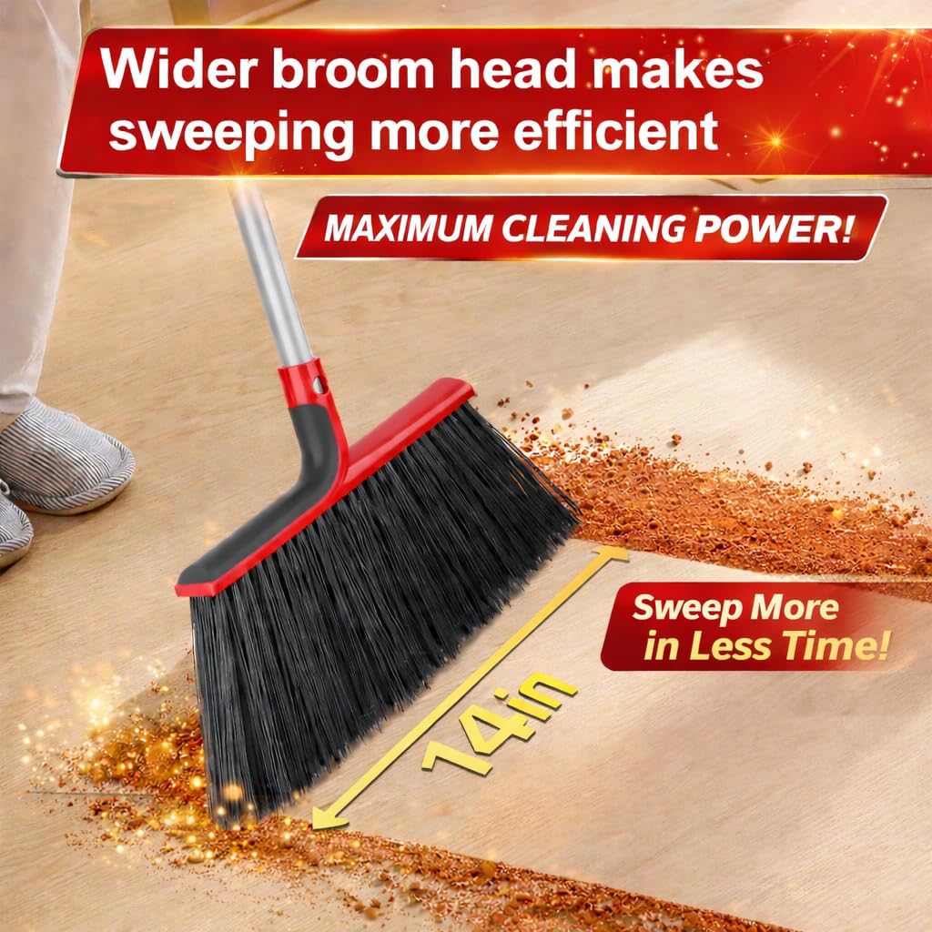 Heavy Duty Angle Broom with 58″ Long Handle, 14″ Wide Stiff Bristles for Indoor & Outdoor Sweeping, Garage, Patio, Deck, Concrete & Debris Removal