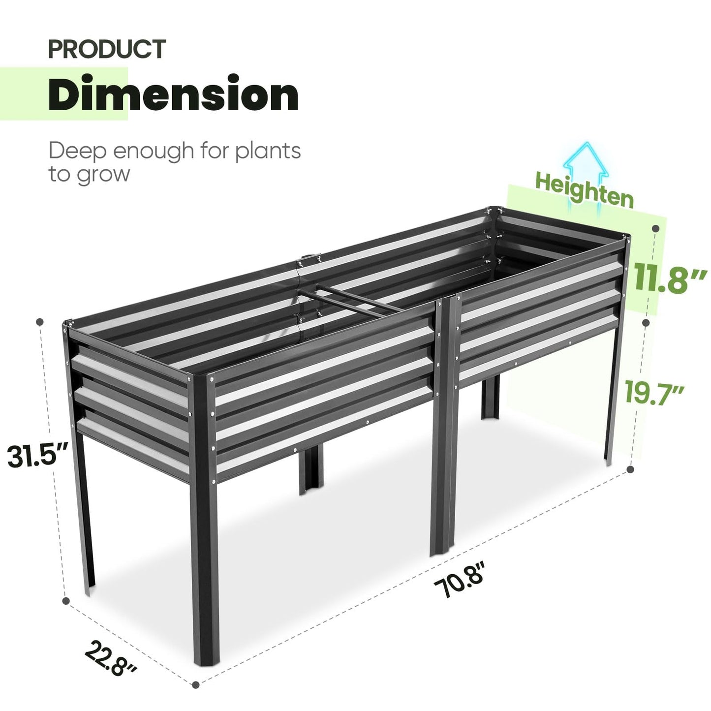 KING BIRD Raised Garden Bed with Legs Galvanized Large Elevated Planter Box for Backyard, Patio, Balcony, 600lb Capacity, Dark Grey 70.9x22.8x31.5 in