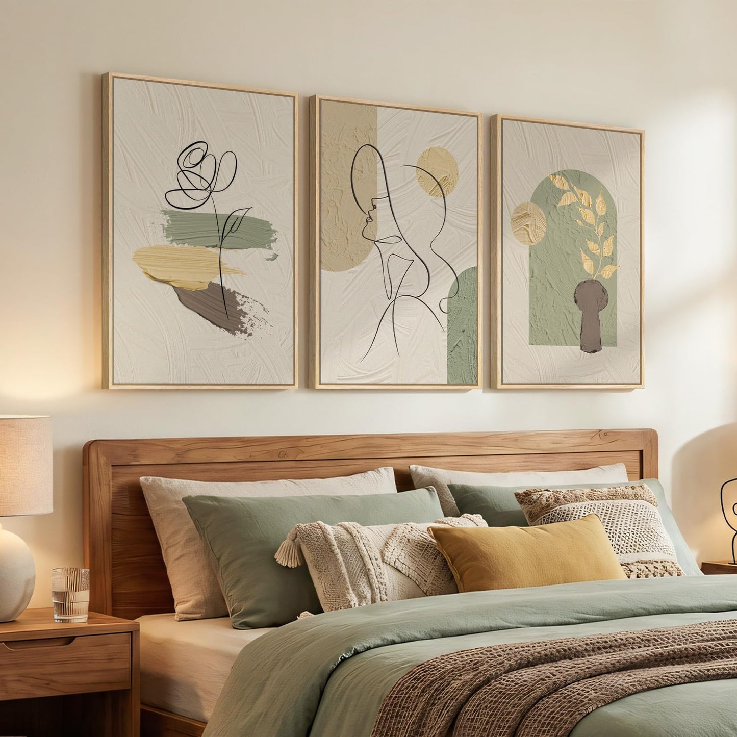 Framed Abstract Boho Wall Art for Bedroom, Set of 3 Large Neutral Canvas Prints Paintings, Modern Minimalist Line Face Botanical Picture Artwork Decor for Living Room Hallway 16x24 Inch