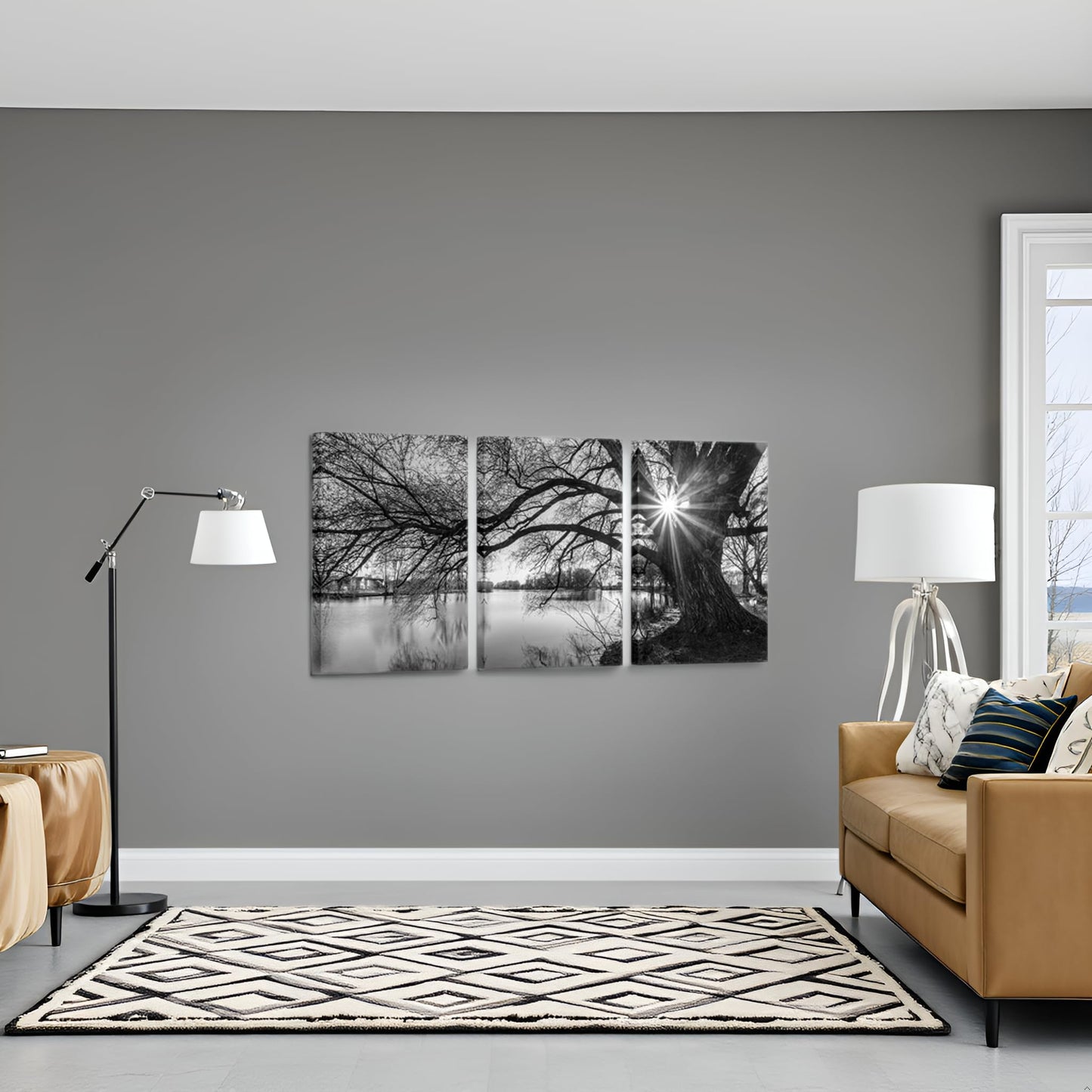sechars - Canvas Prints Wall Art Black and White Tree in Sunrise Canvas Wall Art Lake Landscape Picture Giclee Print on Canvas Framed and Ready to Hang Modern Home Ofiice Wall Decor - 48"x24"overal