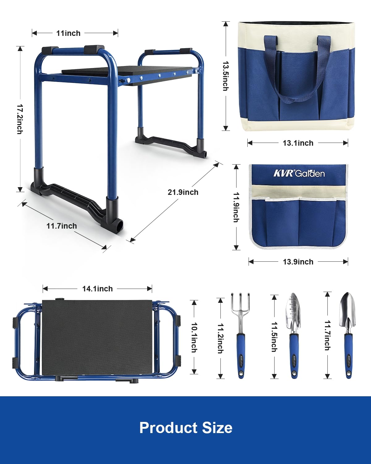KVR Garden Kneeler and Seat Set 7-Piece Upgraded - Heavy Duty Foldable Bench & Stool with 3 Aluminum Tools, 2 Non-Slip Pouches & Tote Bag - Gardening Chair Gifts for Seniors, Women, Mom
