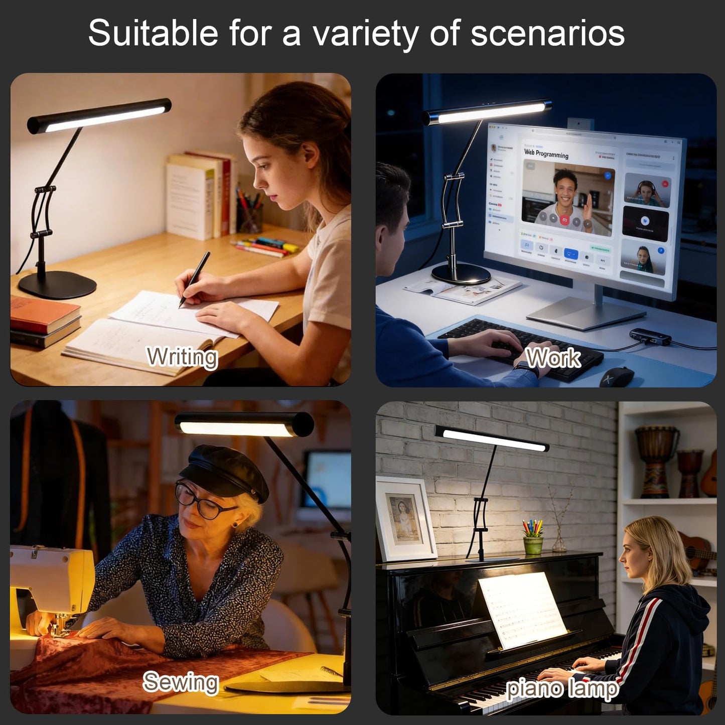 LED Desk Lamp, 10W Eye-Caring Task Light for Home Office, Metal Build with Frosted Texture & Stable Base, 3 Color Modes, 10 Brightness Levels, Flexible Adjustment & Memory, USB Adapter Included, Black