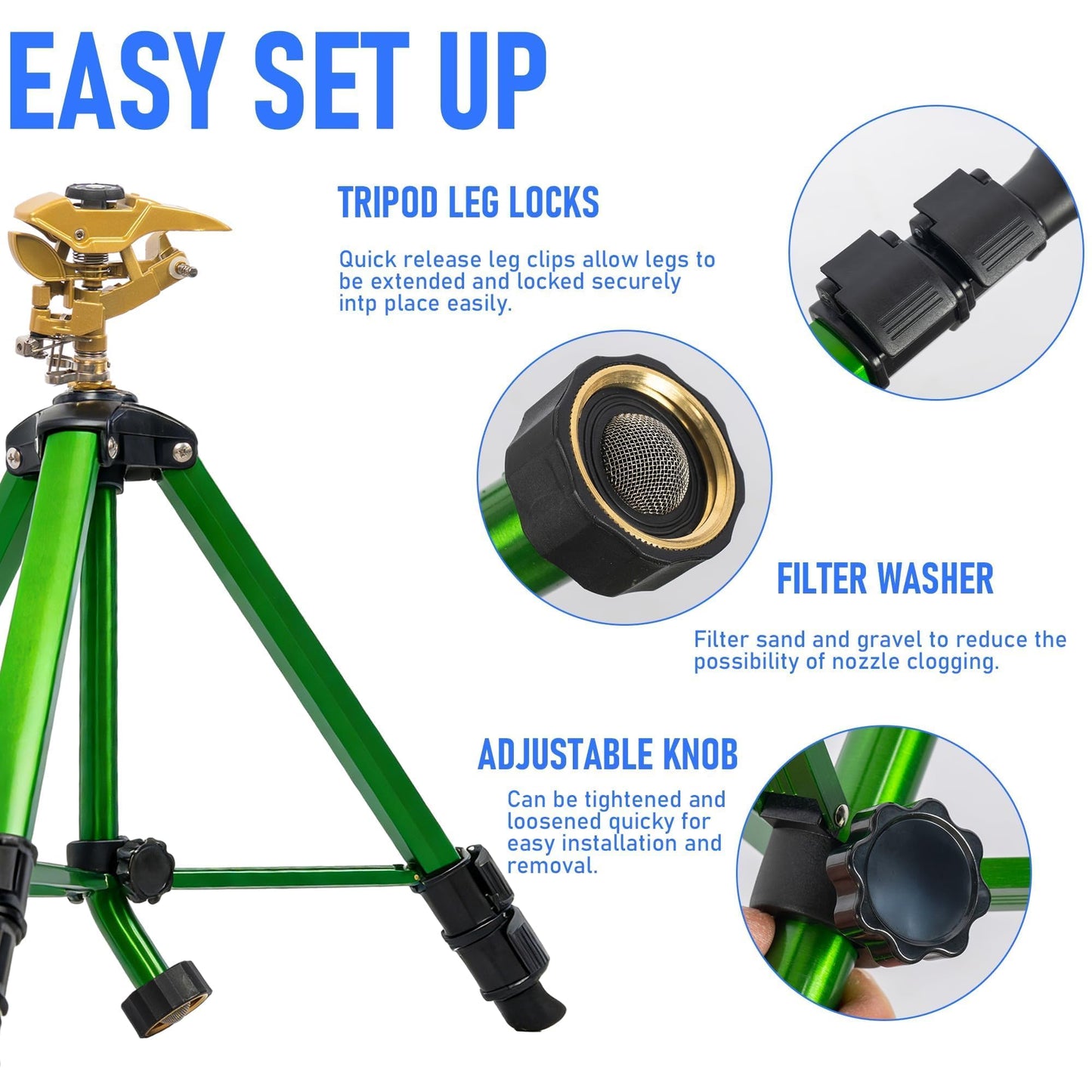 Hourleey Impact Sprinkler on Tripod, Rotating Water Sprinklers for Yard Lawn and Garden, Heavy Duty 360 Degree Irrigation Sprinkler with Zinc Head and 3/4" Connector for Outdoor