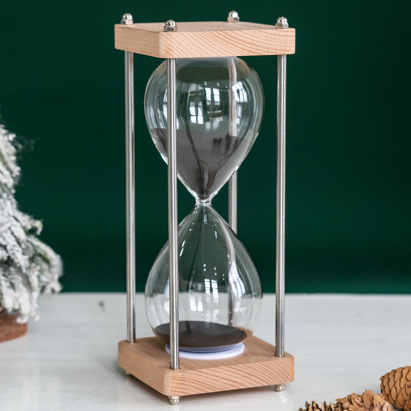 Large 60 Minute Hourglass, with Transparent Glass & Natural Oak Wood Base, Modern Minimalist Office Home Desktop Decor (Black)