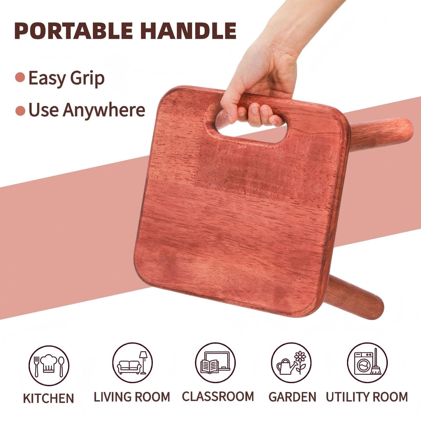 Mezchi 9'' Small Wooden Step Stool with Handle, Non-Slip One Step Stool, Square Portable Footstool, Solid Wood Sitting Stool for Plant, Adult, Kids, Bathroom, Bedroom, Walnut Color