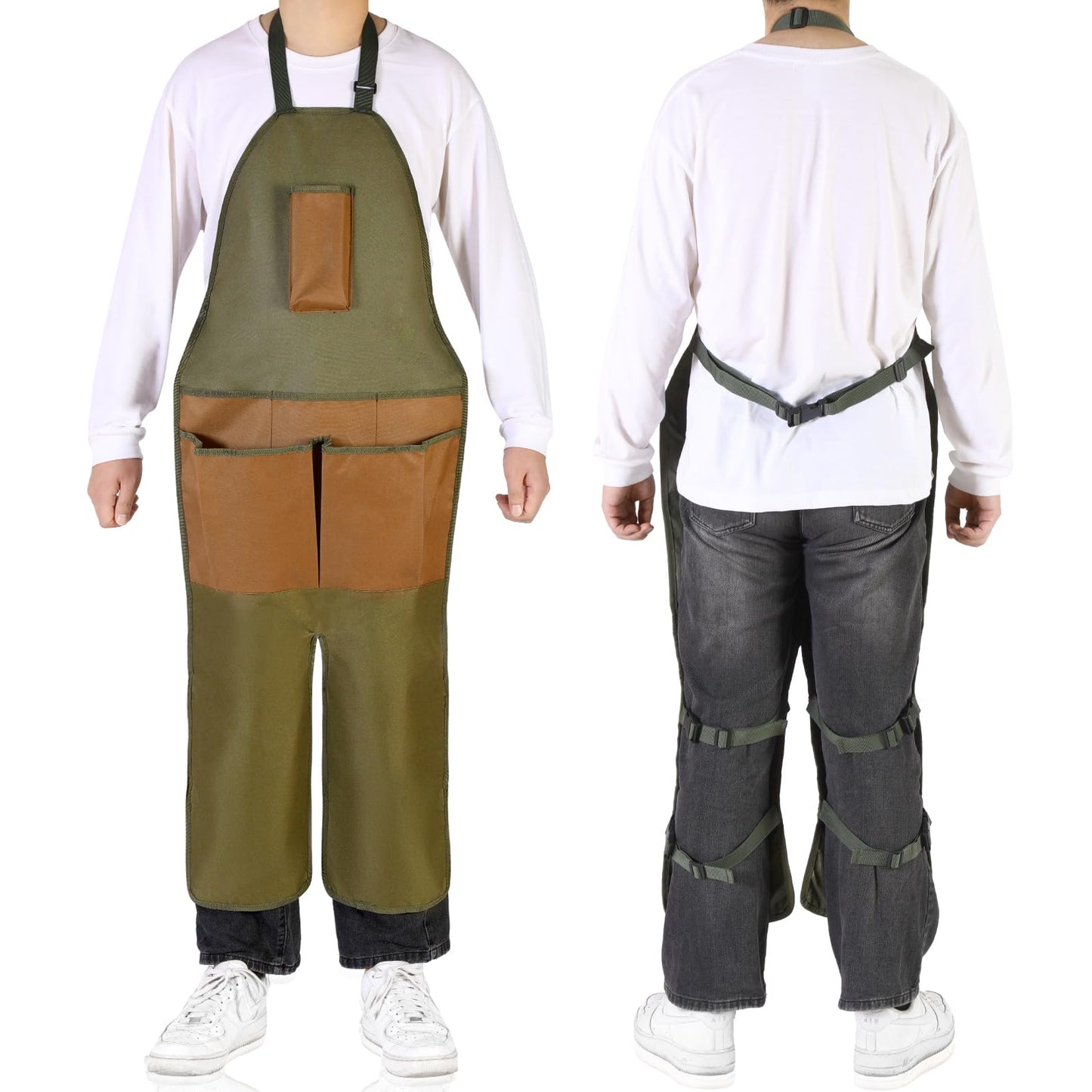 Shyyween Gardening Apron Adjustable Legs Waterproof Apron with 6 Release Pockets Army Green Adjustable Buckle for Gardening Woodworking Pottery BBQ Cafe Kitchen Painting Carpenter Work