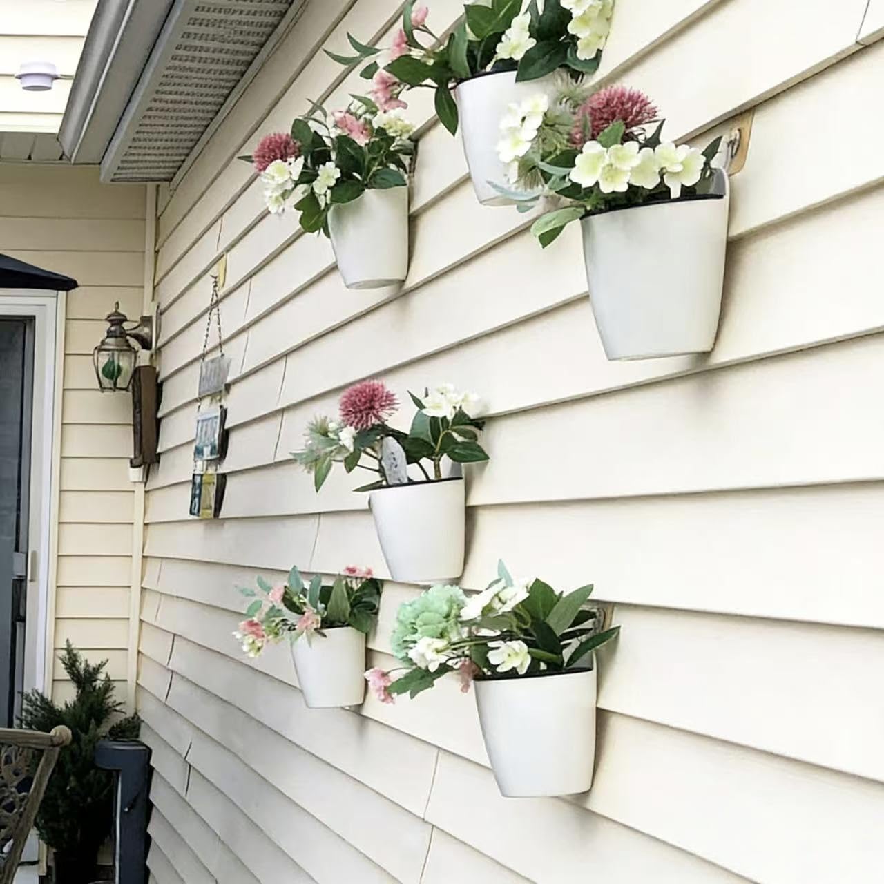 6 Pack White Hanging Planter Pots Self Watering Vertical Garden Wall Mount Window Hang Round Plastic Container Indoor Outdoor for Plants Flowers Succulent Kitchen Living Herbs Holder Decor(Large)