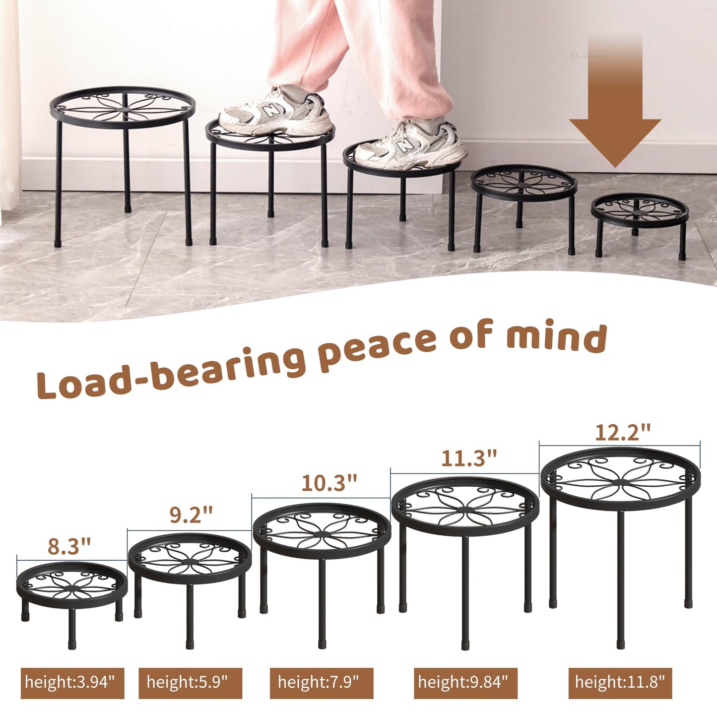 Plant Stand Indoor Outdoor 5 Pack Heavy Duty Metal Stand Multiple Plants, Anti-Rust Iron Flower Pot Stand Decoration Racks Plant Pot Shelf for Living Room Garden Balcony (Black)