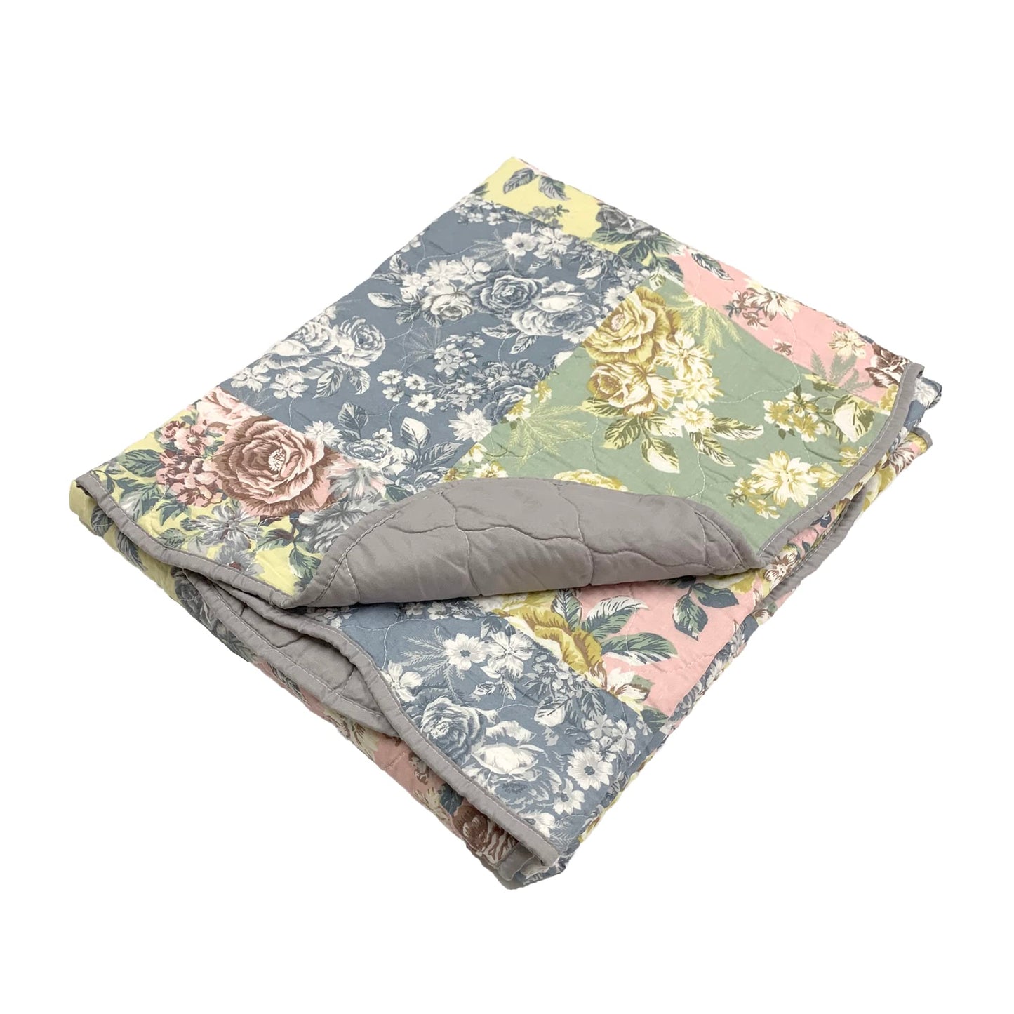 Greenland Home Emma Patchwork Floral Print Quilted Throw Blanket, 60x50-inch, Gray