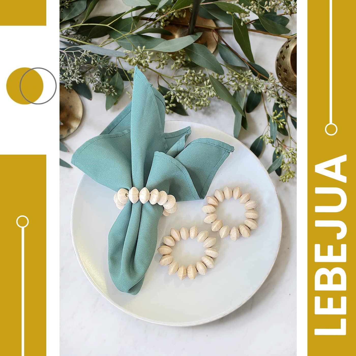 Napkin Rings Set of 6 - Wooden Beads Napkin Rings | Rustic Wooden Napkin Ring Holder for Table Decoration - Handmade LEBEJUA Napkin Ring with Wood Beads & Jute Twine - Farmhouse Holder for Napkins