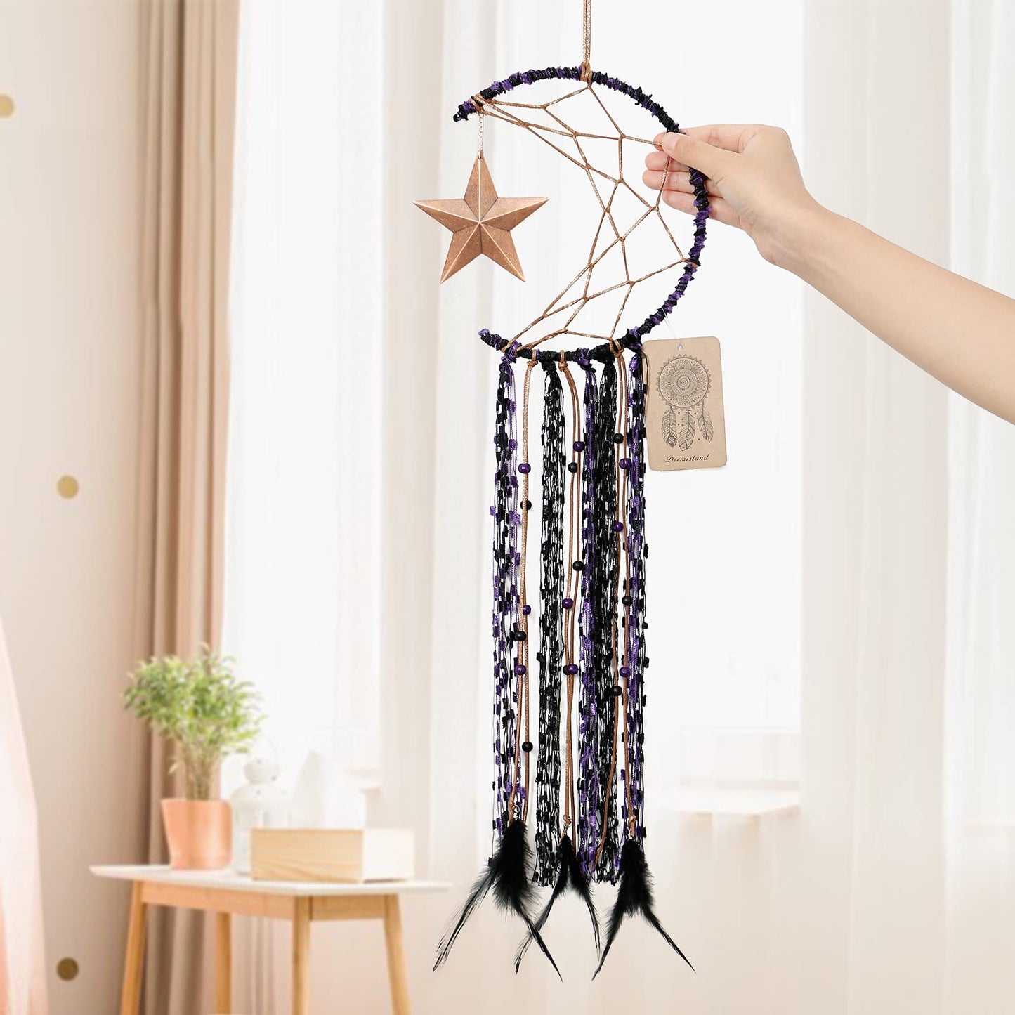 Dremisland Moon Dream Catcher Handmade Half Circle Moon Design Dream Catcher Feather Hanging with Star Home Decoration Ornament Festival Gift (Purple)