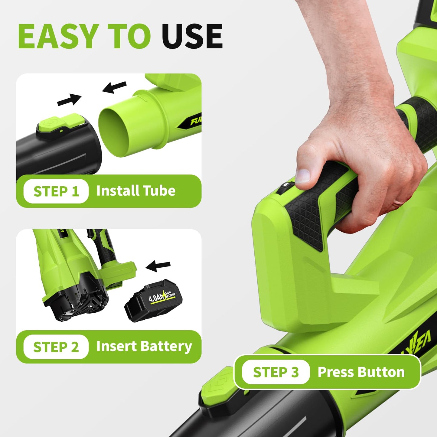 FULLYEA Leaf Blower Cordless 500CFM/150MPH, Cordless Leaf Blower with 2 x 4.0Ah Batteries & 3 Tubes, 6 Speed Modes, Electric Leaf Blowers Battery Powered for Cleaning Patio, Yard, Garage, Lawn (Green)